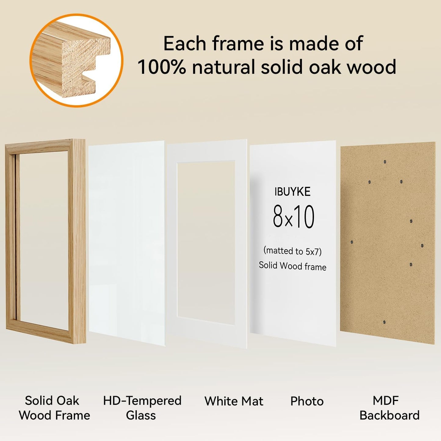 IBUYKE 8x10 Picture Frame,Set of 3,Solid Oak Wood 8x10 Photo Frame with Mat to 5x7,10x8 Picture Frames With Tempered Glass,Tabletop or Wall Mount Display,Home Decor,Natural Oak 8 x 10 Frame,UWPF0810N-3