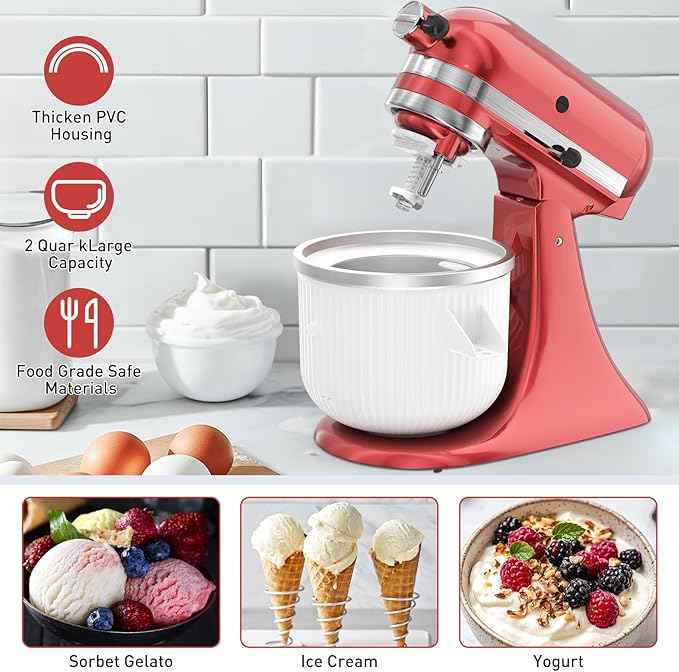 Ice Cream Attachment for KitchenAid Mixer, Ice Cream Bowl Compatible with 4.5Qt and 6QT Or Larger Stand Mixers KitchenAid Attachment, Frozen Yogurt & Sorbet Gelato Maker Attachment, 2 Qt White