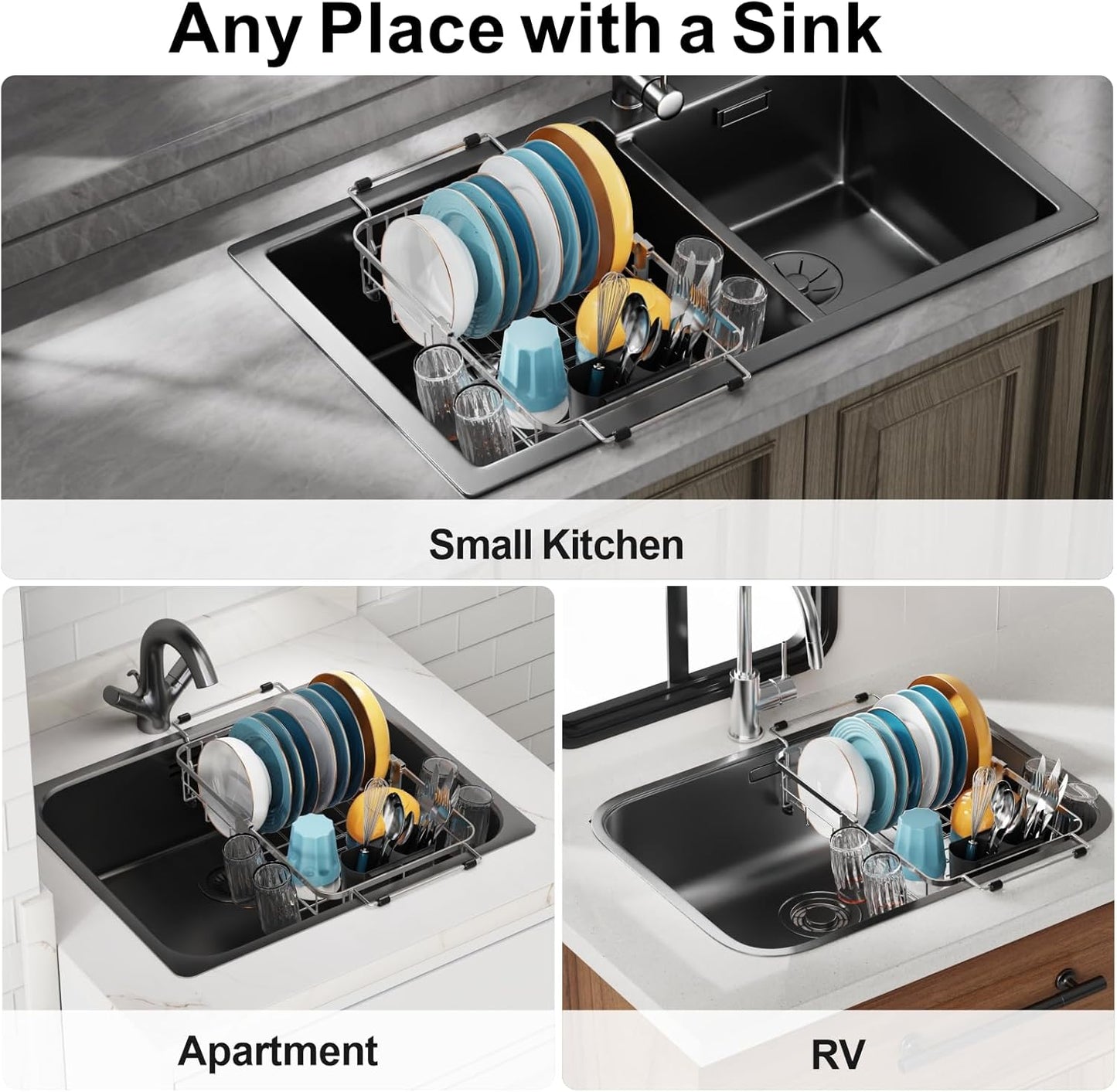 GSlife Small in Sink Dish Drying Rack - Expandable Stainless Steel Compact Over The Sink Dish Drainer with Utensil Holder for RV Kitchen Apartment, Silver