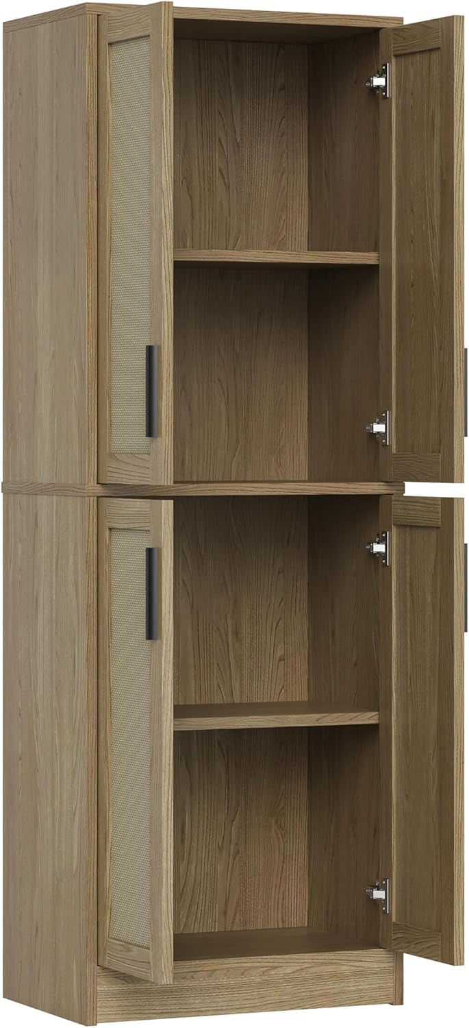 Pantry - Kitchen Pantry Cabinet, Tall Storage Rattan Cabinet with 4 Doors and Adjustable Shelves, Linen Closet Freestanding Cupboard for Dining Room Living Room, Laundry, Bathroom