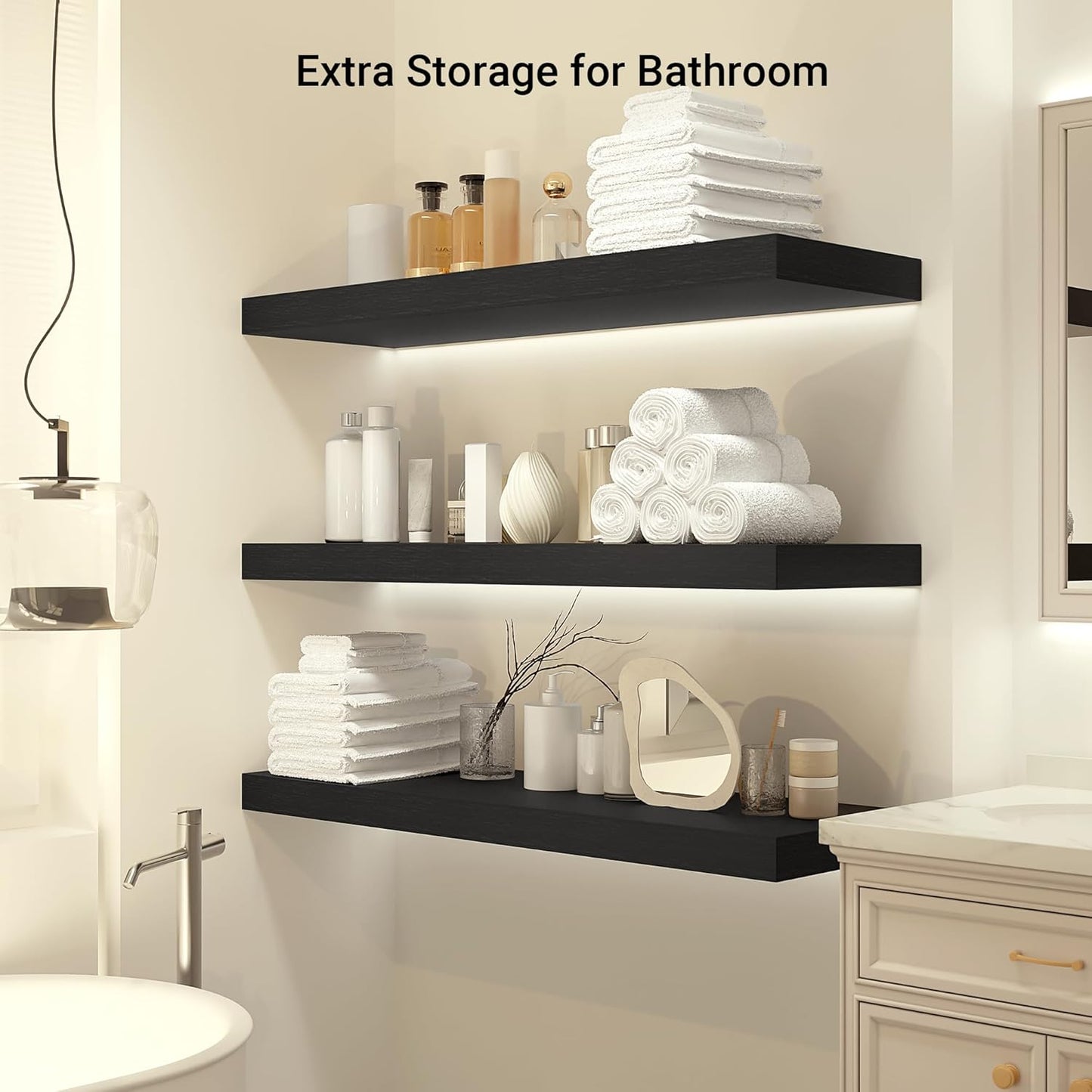 Heimlove 24 x 12 Inch Deep Floating Shelves Wall Mounted with Invisible Brackets,Storage Hanging Shelf for Wall Decor in Bathroom, Bedroom, Toilet, Kitchen, Living Room, Office Set of 1 (Black)