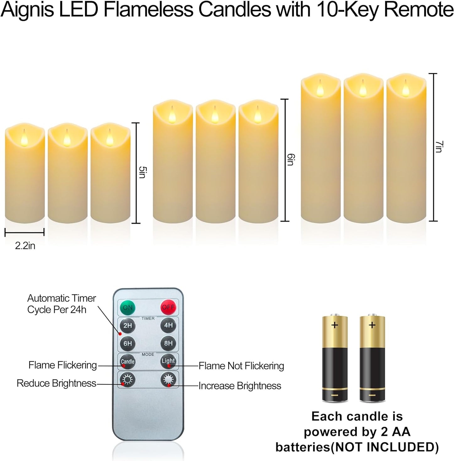 Aignis 2pcs Flameless LED Candles Battery Operated with 10-Key Remote Timer, Indoor Heat Resistant, 3D Wick with Warm Flickering Glow for Cozy Home/Wedding/Holiday Décor (D 2.2" x H 6")
