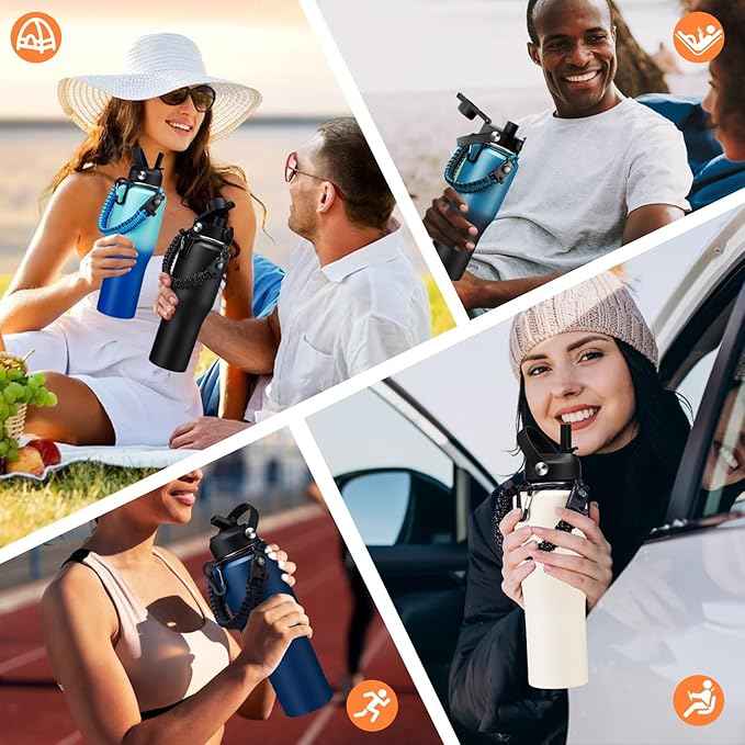 40 32 oz Water Bottle Insulated - with Straw & Auto Chug Lid, Paracord Handle, Metal Water Bottle Carrier Bag, Keep Cold and Hot Travel Coffee Cup Fit for any Car Cup Holder