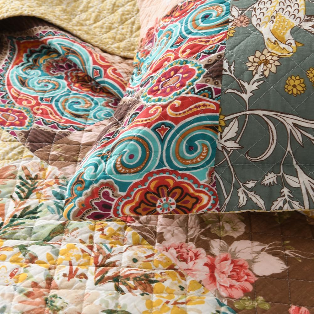 Autumn Dream Cotton Bedspread Quilt Sets Reversible Bedding Coverlet Sets, Luxury Vintage Floral Patchwork Yellow Bedspread,Queen Size