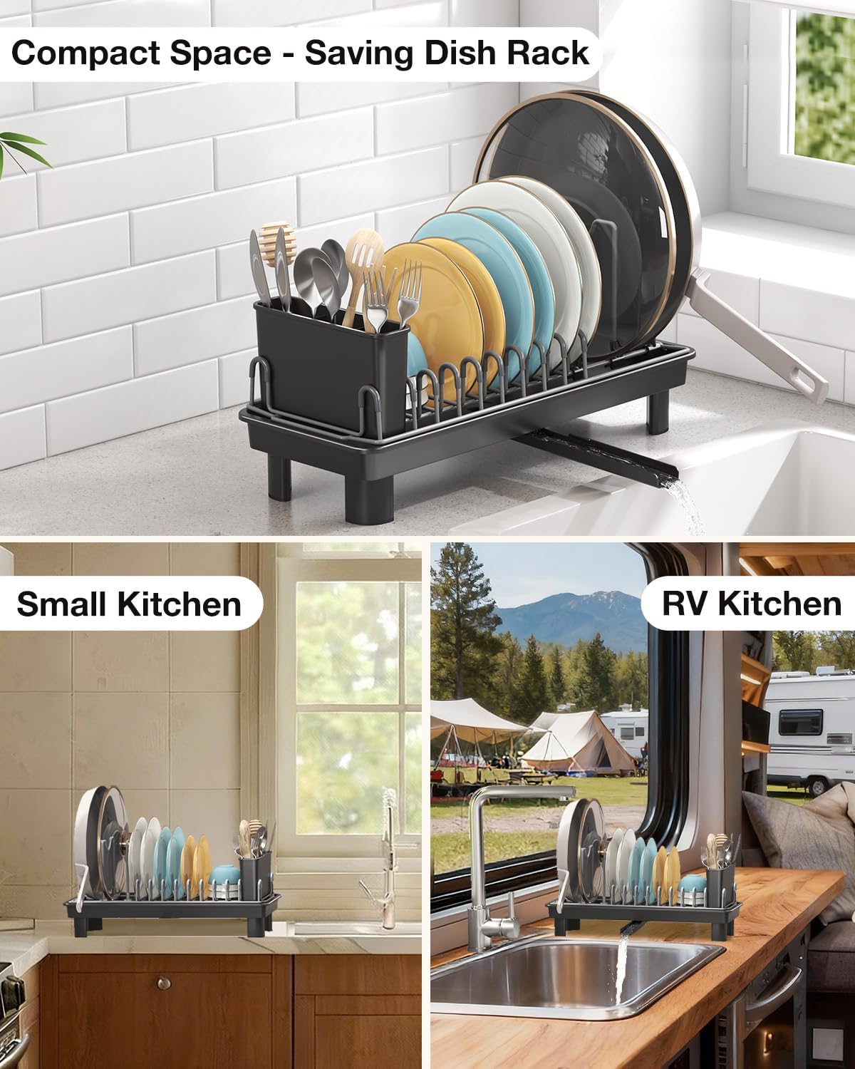 Small Dish Drying Rack Carbon Steel Dish Rack Rustproof for Kitchen Counter Compact Dish Drainer with Adjustable Slots for Small Kitchens & Apartments 16.5×6.5×7inch Black
