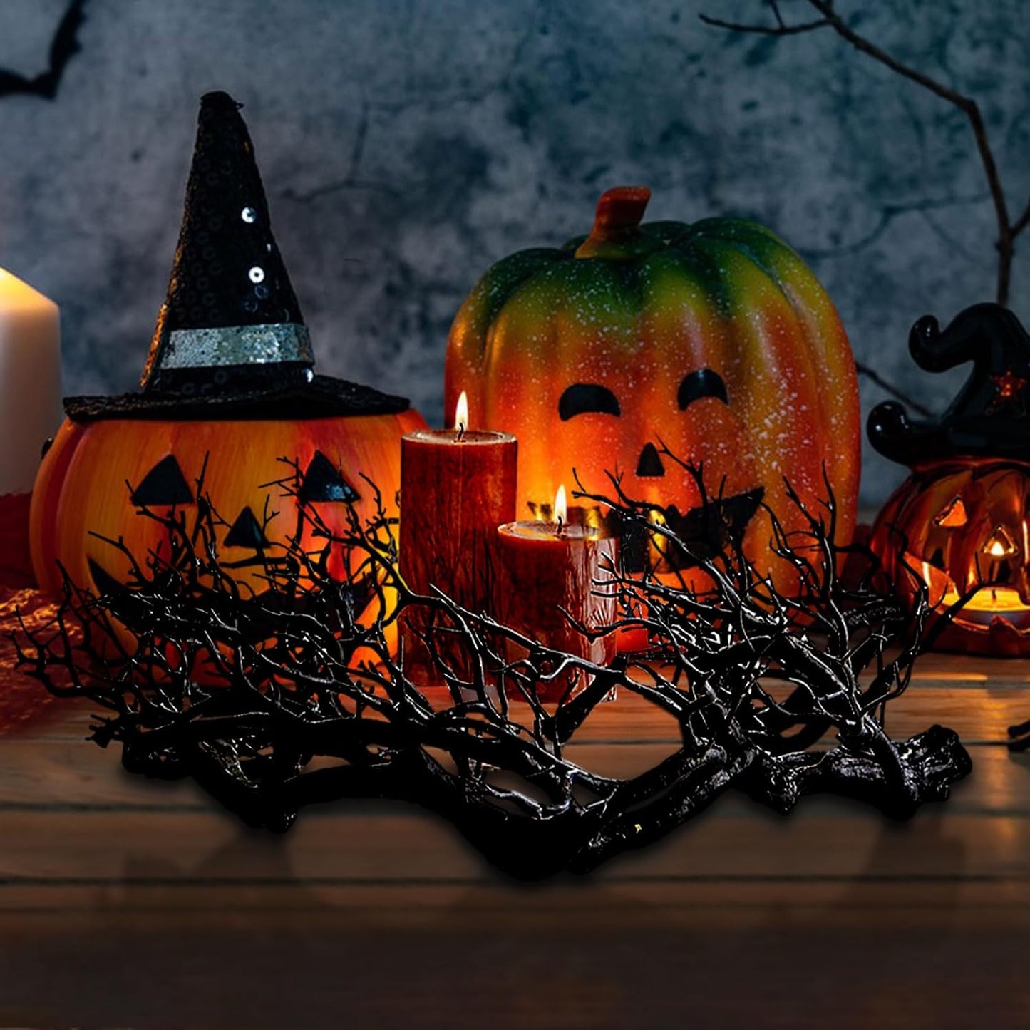 Halloween Black Branch Wreath Signs for Front Door with Red Lights,Handcrafted Halloween Horror Wreath for Indoor Outdoor Party Window Wall Decor Farmhouse Garland Yard