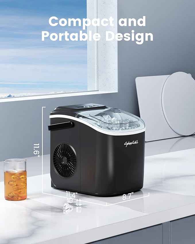 CyberChill Countertop Ice Maker, Portable Ice Machine with Handle, 6 Mins Fast Ice, 26 lbs/Day, Self-Cleaning with Ice Basket & Scoop, for Home, Kitchen, RV, Camping