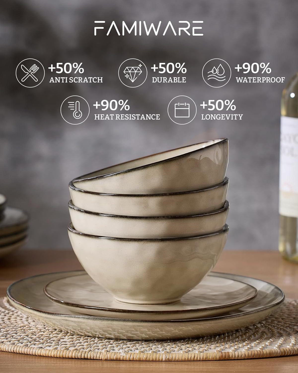 Famiware Dinnerware Sets for 4, Ocean Round 12-Piece Kitchen Plates and Bowls Sets, Microwave and Dishwasher Safe, Scratch Resistant, Light khaki