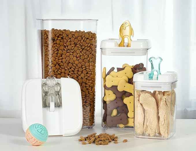 Felli Flip Tite Pet Food Container with Airtight Lids, BPA FREE Acrylic Canister with Paw Bone Fish Flip Top Handles for Cat Dog Kibble Treats Storage, Keep Fresh (Pet Collection Nest-L3pk)