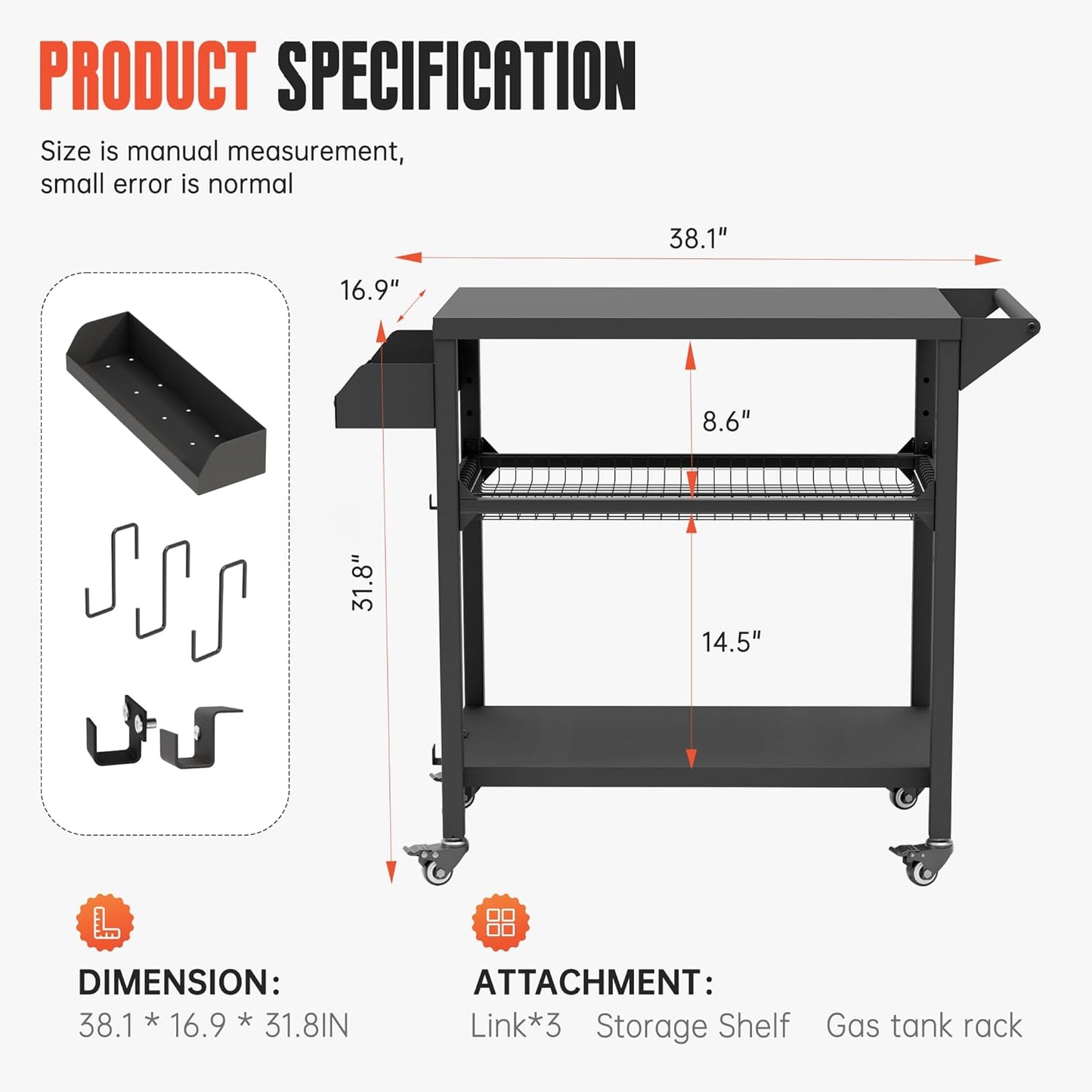 SUNCROWN Outdoor Grill Table with Wheels, Kitchen Cooking Prep Tables Movable BBQ Grill Cart for Garden, Camping, Home Party, Bar, Pizza Oven Table Stand