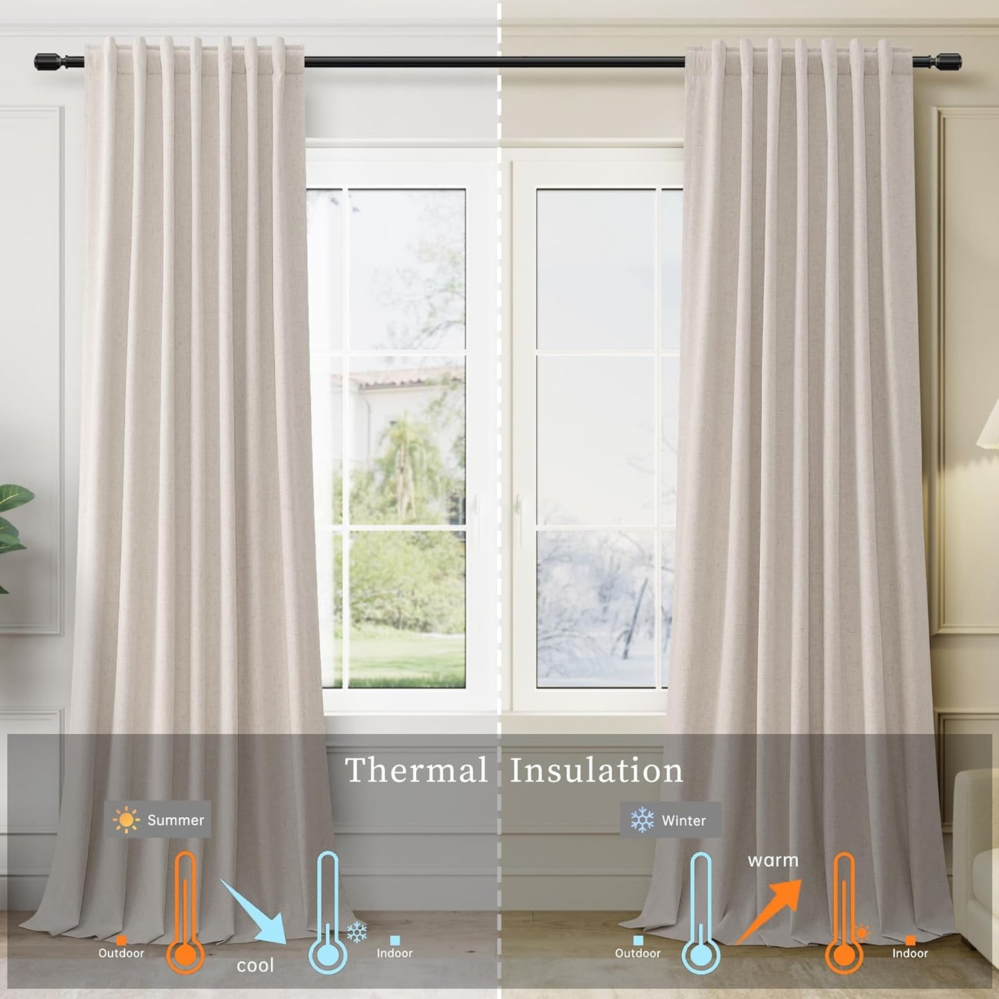 BOODII Room Darkening Curtains 120 Inch Back Tab Thermal Insulated Black Out Linen Drapes Extra Long Blackout Curtains for Patio Door Large Window Ceiling to Floor Light Blocking Sand Beige 52x120