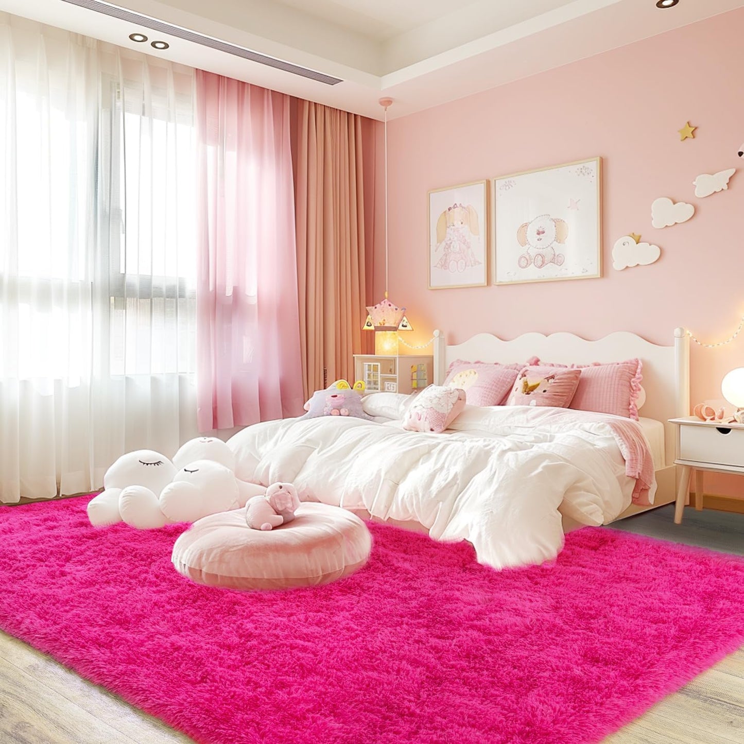 Extra Large Fluffy Area Rug for Bedroom Living Room, 9x12 Feet Hot Pink Modern Indoor Carpets Room Colorful Rugs, Plush Indoor Nursery Classroom Home Decor Bedside Rug with Non-Slip Bottom