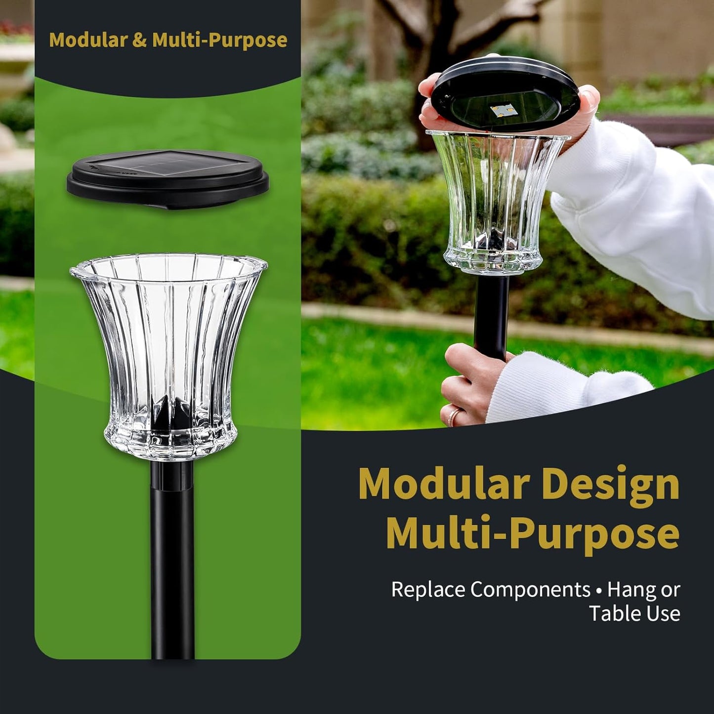 Glass Solar Pathway Lights Outdoor Waterproof, Decor Landscape Lighting with Modular Design, 3000K LED, Auto On/Off Solar Stake Light for Yard Garden Driveway Walkway Lawn, Warm White (3 Pack)