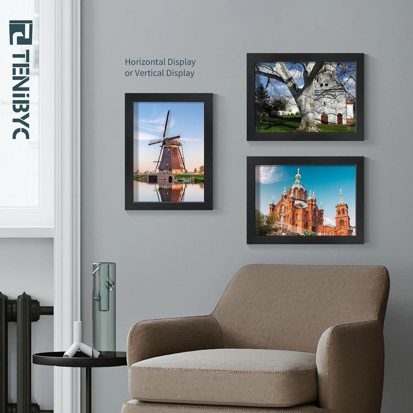 9x12 Frame 3 Pack - Black Woodgrain, 9 x 12 Picture Frame with HD Tempered Glass, Table or Wall Display