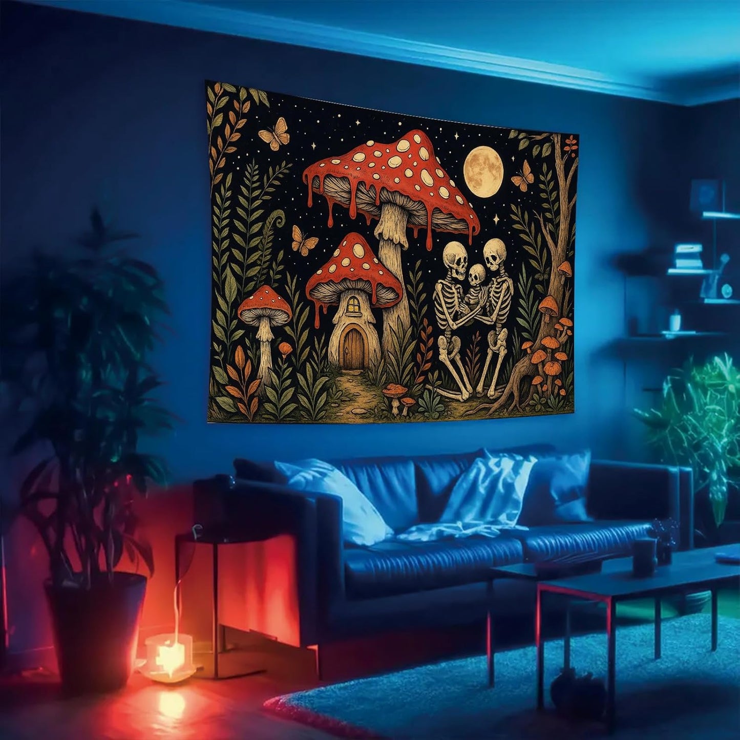 Starlit Patio Skeleton Family Blacklight Tapestry UV Reactive Wall Hanging Mushroom House and Moon for Bedroom Dorm Living Room Glowing Cottagecore Decor Fluorescent Trippy Poster 78 x 59 Inch