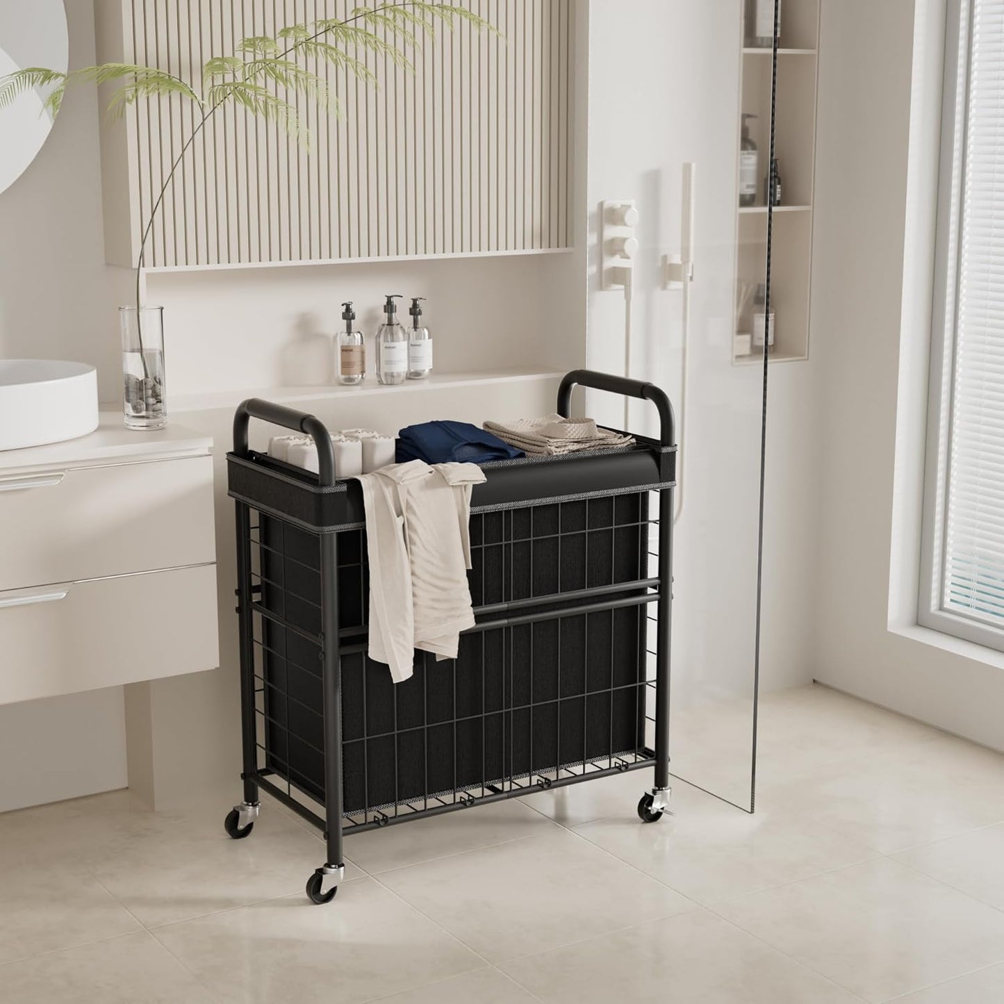 Laundry Hamper 3 Section, 145L Rolling Laundry Sorter Basket with Wheels, 3 Compartment Clothes Organizer Cart, Pull-Out Removable Bags for Laundry Room, Bathroom, Bedroom, Black - Lumora Casa