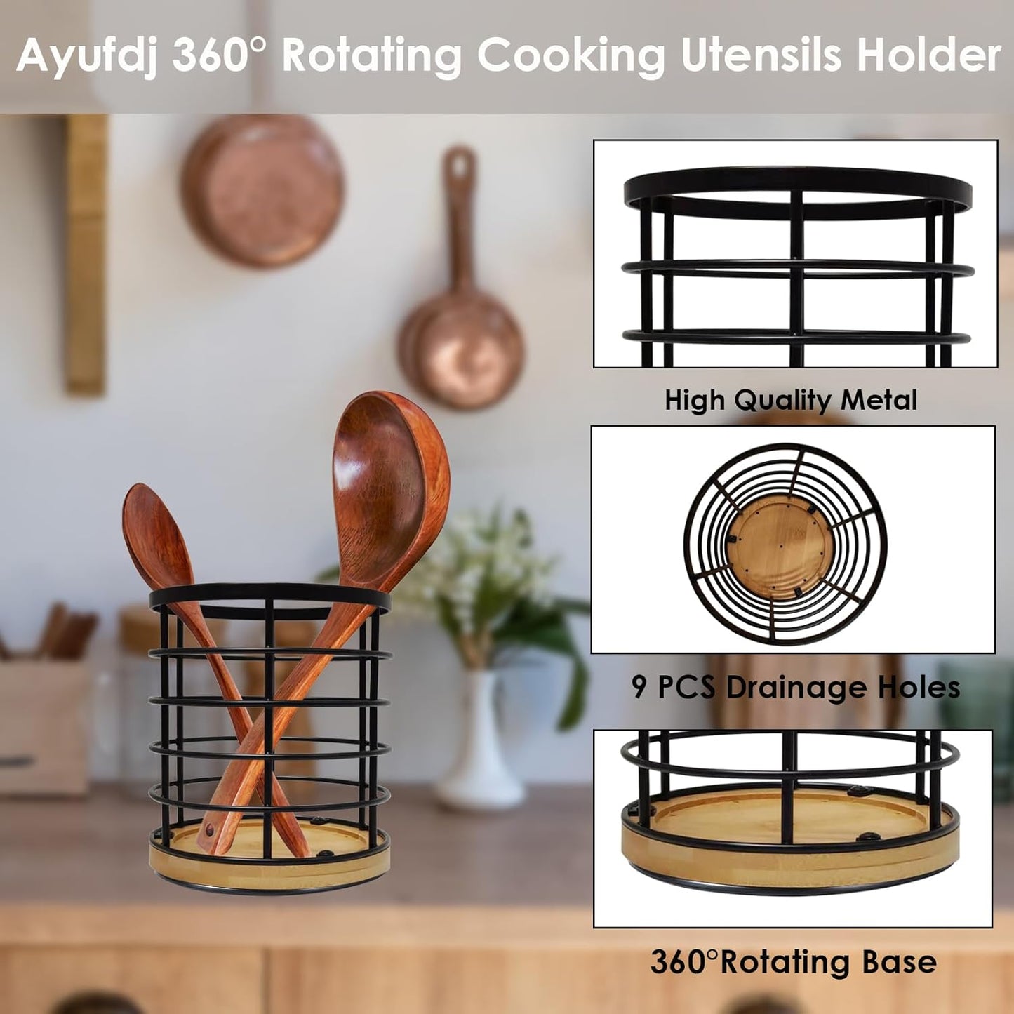 Black Kitchen Utensil Holder for Countertop, 360° Rotating Cooking Utensils Holder Caddy for Kitchen Counter-top, 5.2" x 6" Large Cylinder Spatula Holder Crock for Farmhouse Décor