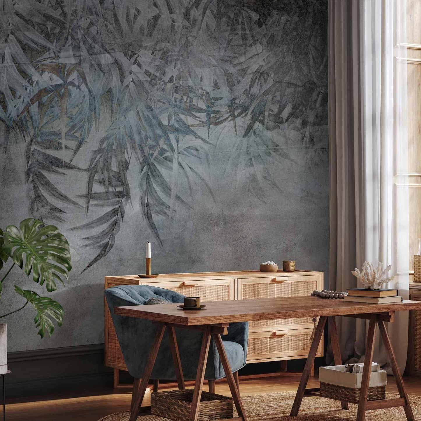 artgeist Wall Mural Leaves 177x124 in - XXL Non-Woven Wallpaper Fleece Wall Decor Photo Print Picture Image Design Palm Leaves Concrete Nature Grey b-C-10103-a-a