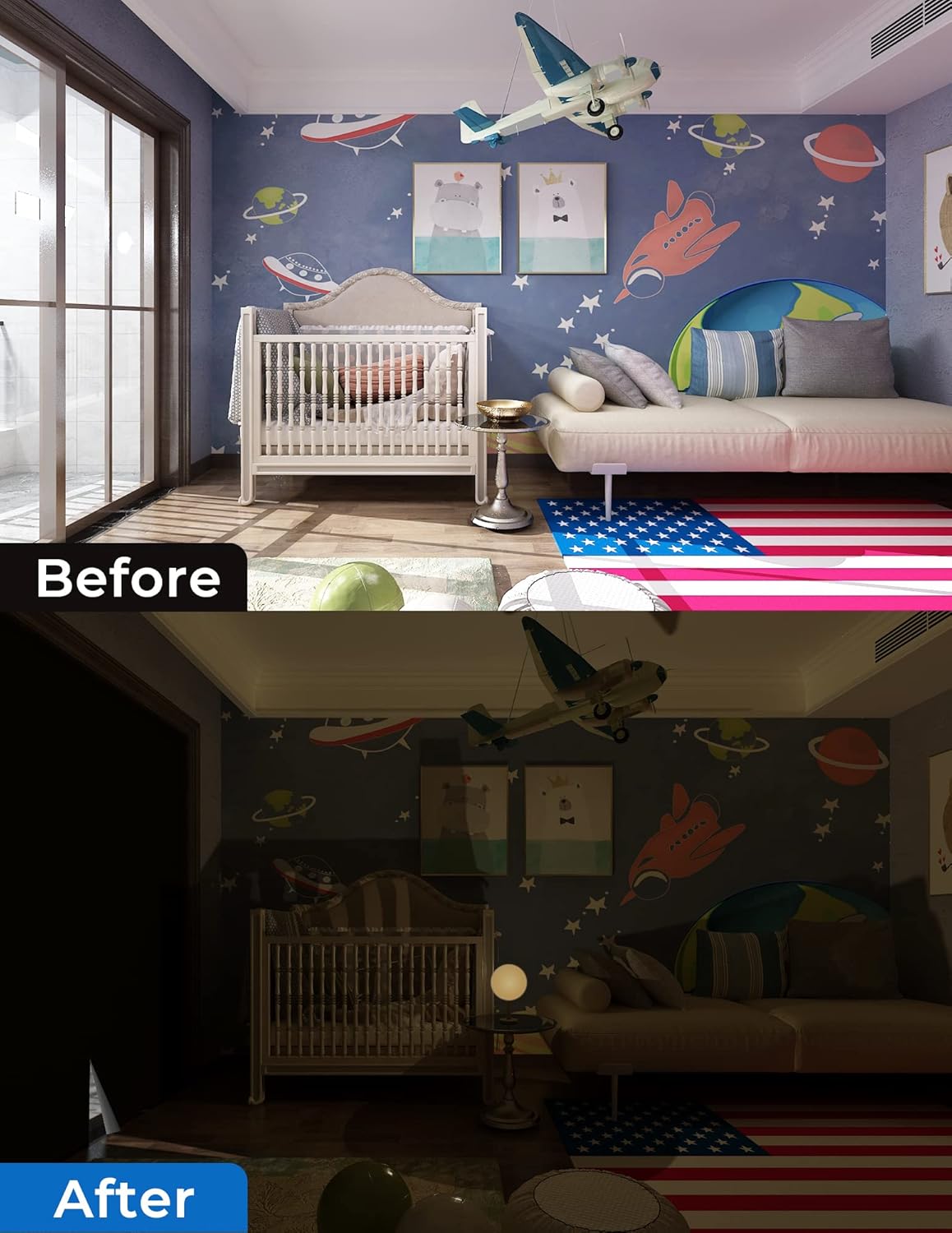 Sumobaby Blackout Curtains for Bedroom 108"x70"Portable Black Out Window Cover with Heat-Resistant Hook&Loop Tape,100% Blackout Shades No Drill Blinds for Windows DIY Cut Fit for Nursery,TV Room,Black