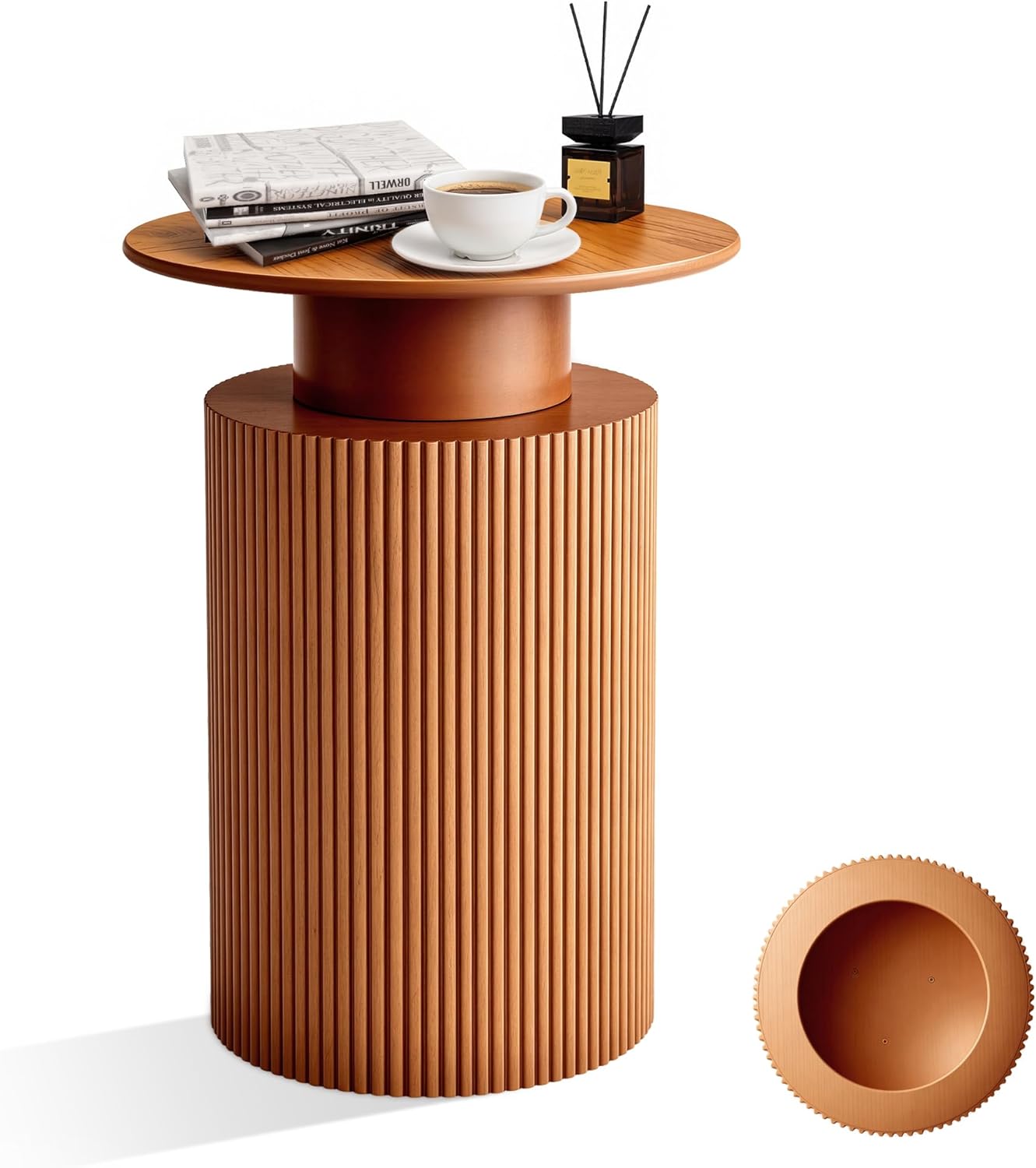 Round Side Table, 24" Fluted End Table with Storage, Mid Century Nightstand Modern Wood Bedside Accent Table, Farmhouse Circle End Tables for Couch, Home, Small Spaces, Bedroom, Living Room