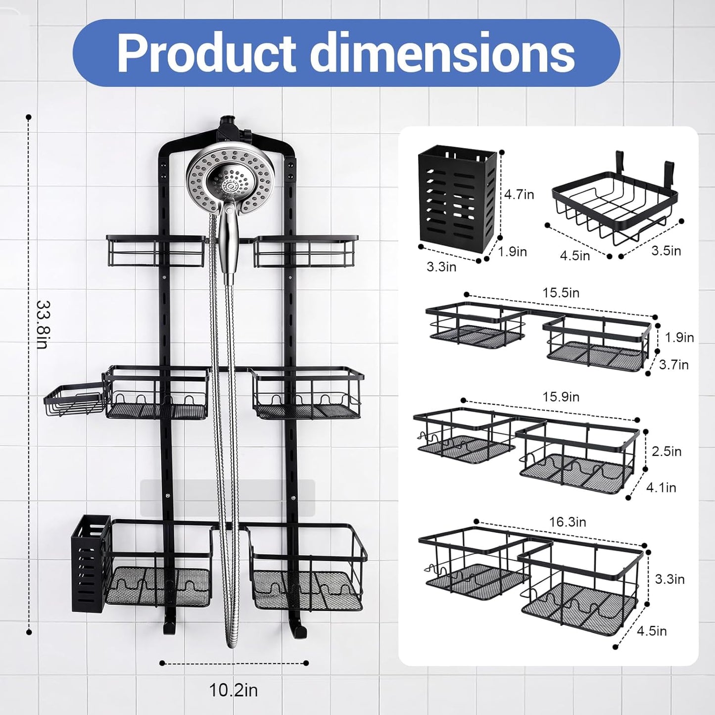 Extra Large Shower Caddy Hanging, Rust-Resistant Shower Organizer Hanging, 3 Tier Height-Adjustable Over the Head Caddy, Rack with Soap Basket (Black)