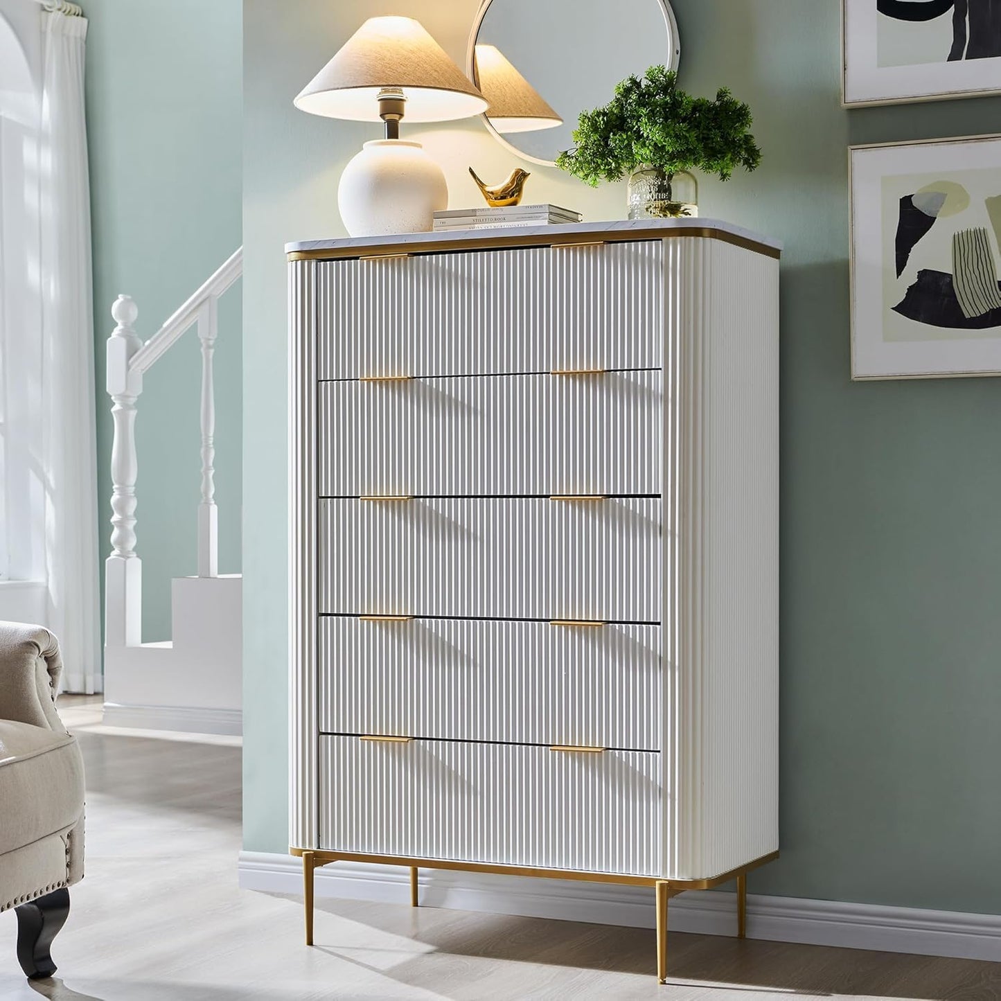 T4TREAM Fluted 5 Drawers Dresser for Bedroom, 48" Tall Modern Dresser Chest of Drawers, Gold Accents, Fluted Fronts, Wood Storage Dressers Organizer for Bedroom, Living Room (Off White)
