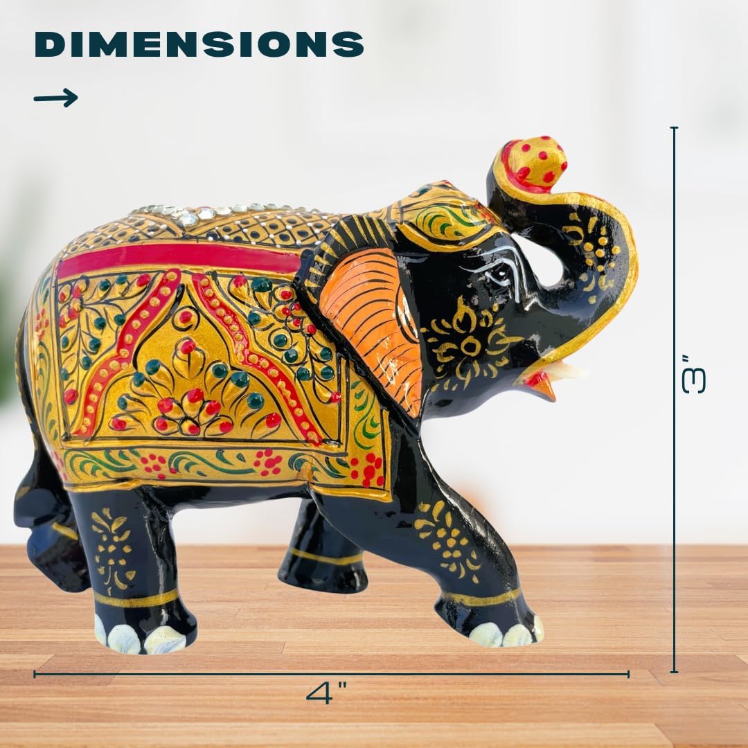 Handcrafted Wooden Elephant Figurine ā Traditional Artwork, Gold & Gemstone Embellishments ā Lucky Decorative Elephant Statue for Prosperity | Beautiful Elefantes Decorativos para Sala (Black & Gold)