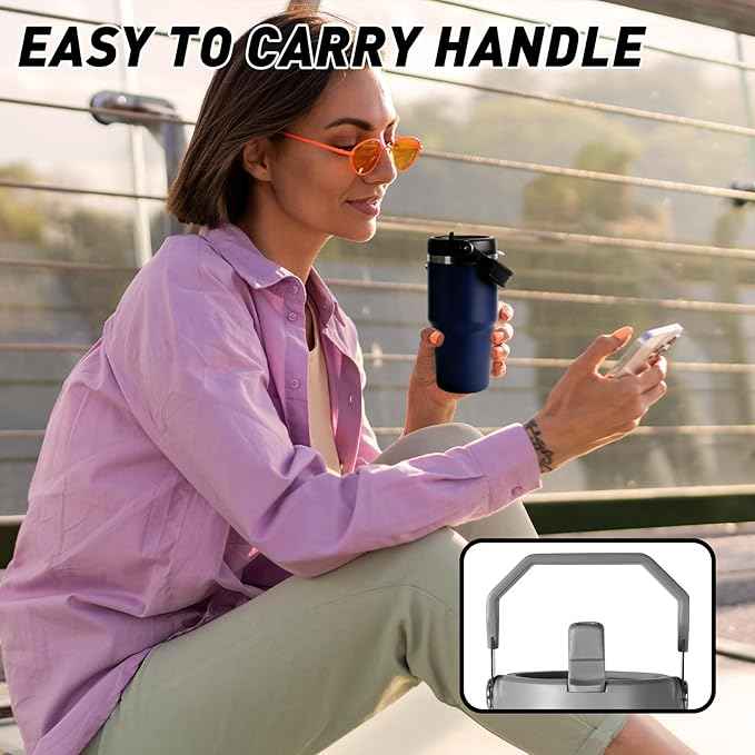 20 oz Tumbler with Handle, Insulated Tumbler with Lid and Flip Straw Leak Proof Double Wall Stainless Steel Vacuum Travel Coffee Mug Insulated Water Bottle Thermal Cup, Cupholder Friendly, Navy