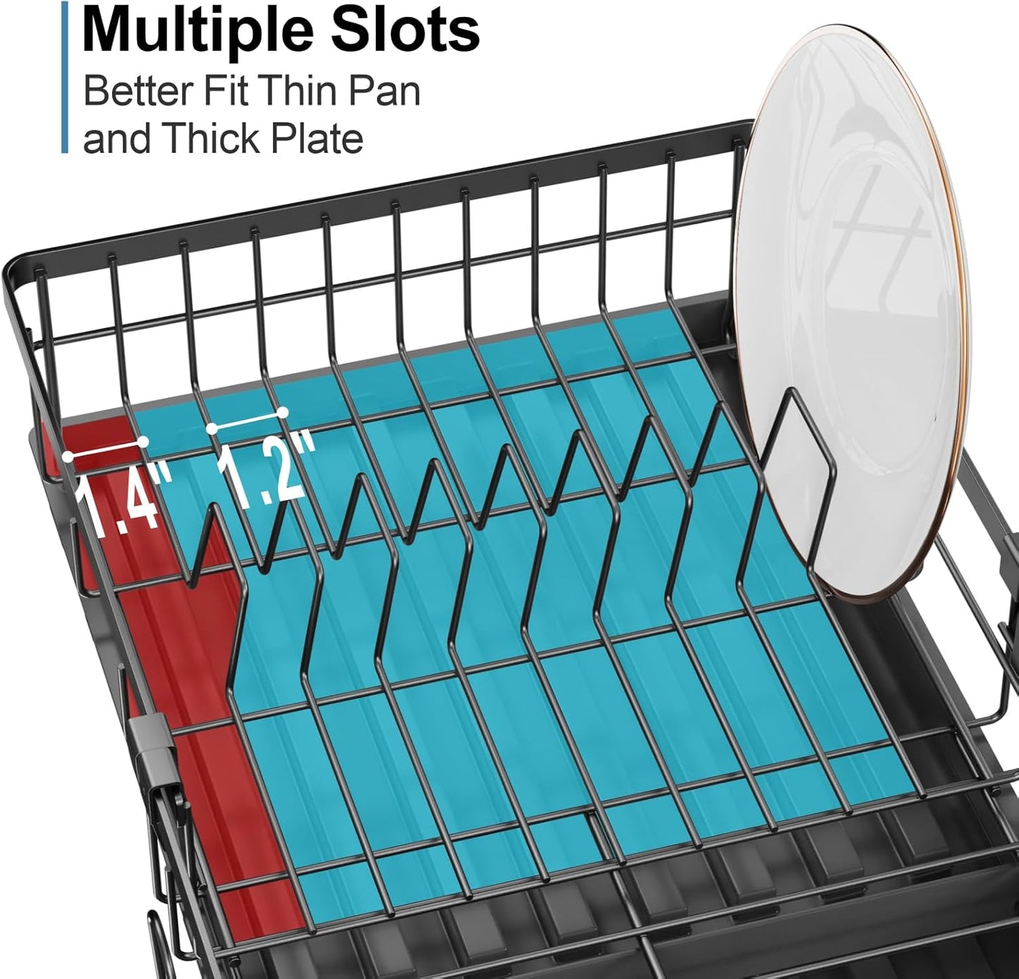 GSlife Expandable Dish Drying Rack for Kitchen Counter, 12-20.5 Inch Compact Dish Rack with Drainboard, Swivel Spout, Cup & Utensil Holder, Rust-Resistant Dish Drainer for Small Kitchen, RV, Black