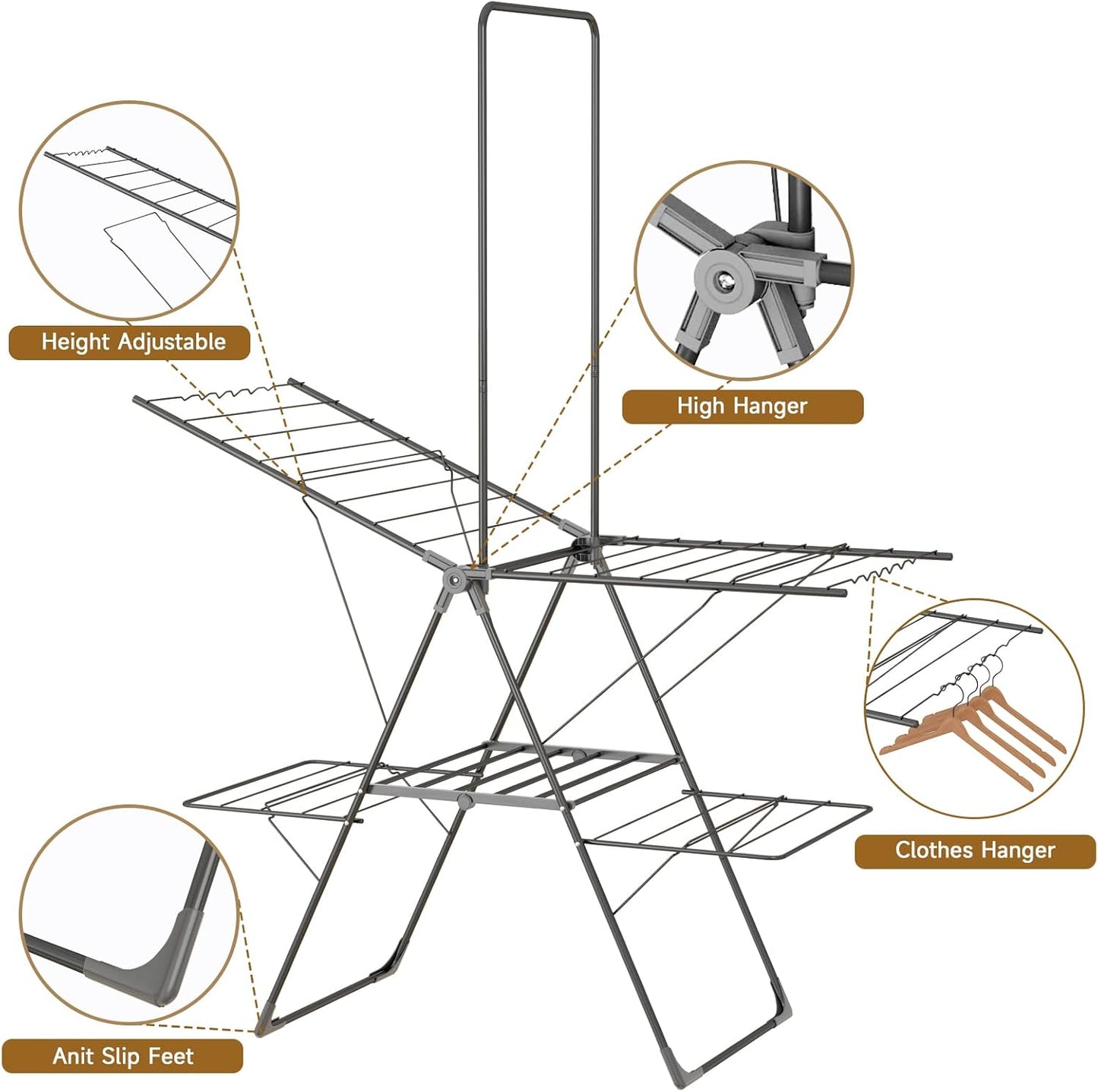 Bigzzia Clothes Drying Rack Foldable, 68.9Inch High Hanger Laundry Drying Rack with 4 Height-Adjustable Wings, Lightweight and Space Saving Clothes Airer for Apartments, Dorms, Camping