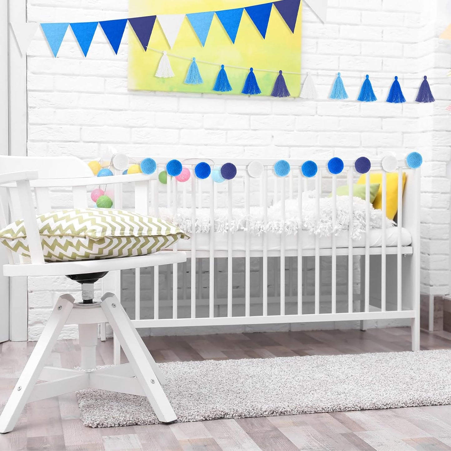 Irenare 9.8 ft Pom Pom Garland Felt Colorful Tassel Banner Christmas Party Pompoms Garland Decorations Felt Pennant Banner for Classroom Home Mantel Fireplace Birthday(Blue)