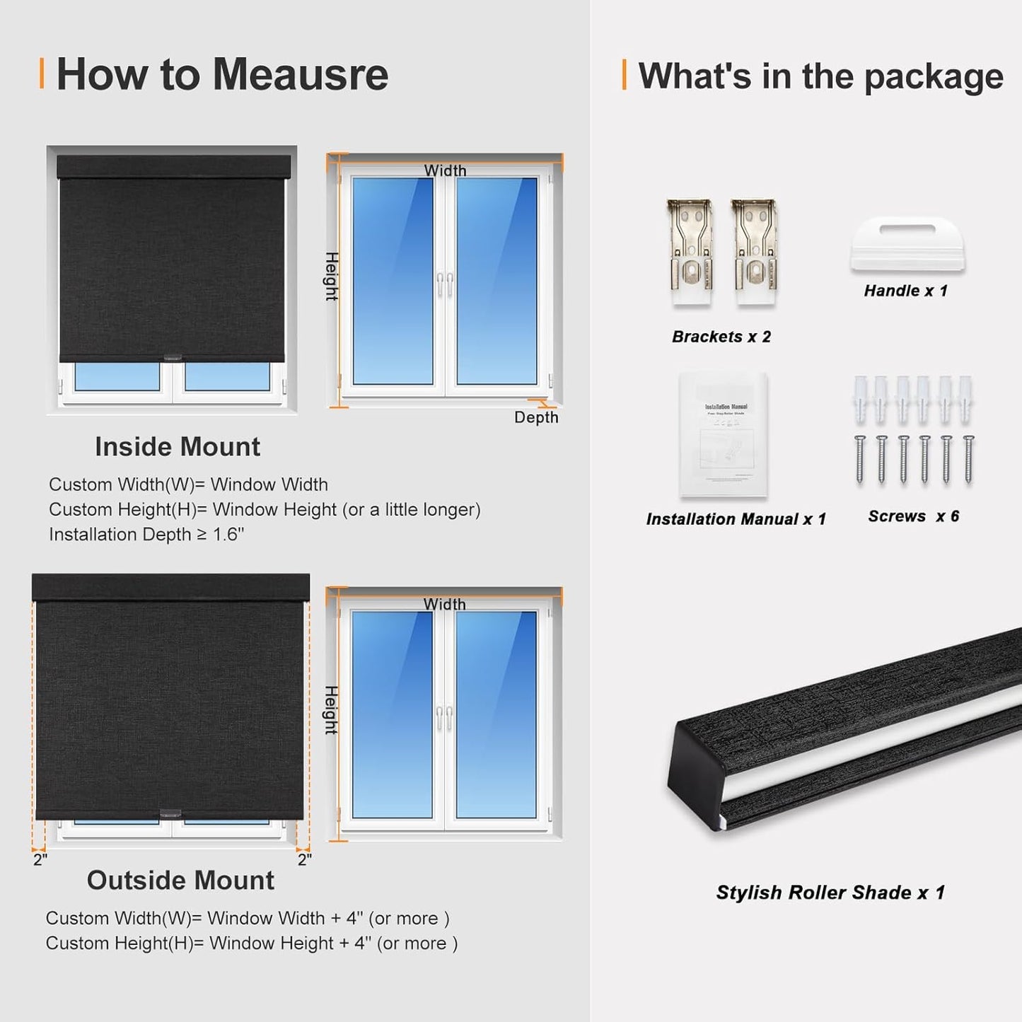 Persilux Free-Stop Cordless Blinds for Indoor Windows with Cover, Window Shades Blackout Roller Blinds, Thermal Insulated Fabric UV Protection for Kitchen, Office, Living Room, Black(44.5" W x 72" H)