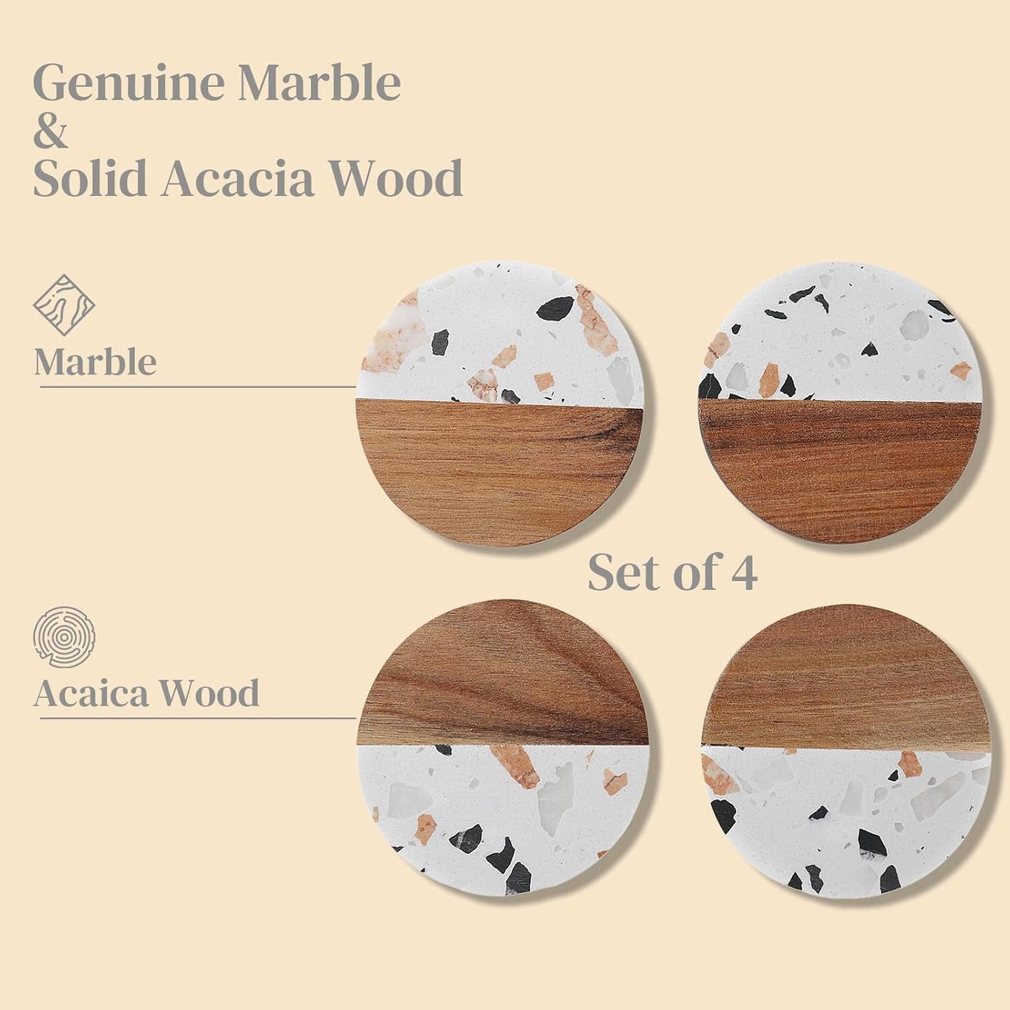 Drink Acacia Wood-Marble Coasters Set of 4,Cup Coaster for Coffee,Beverage,Cute Modern Cool Coasters for Home Decor,Table Desk Coaster Set for Housewarming,Living Room Decor (White-Wooden)