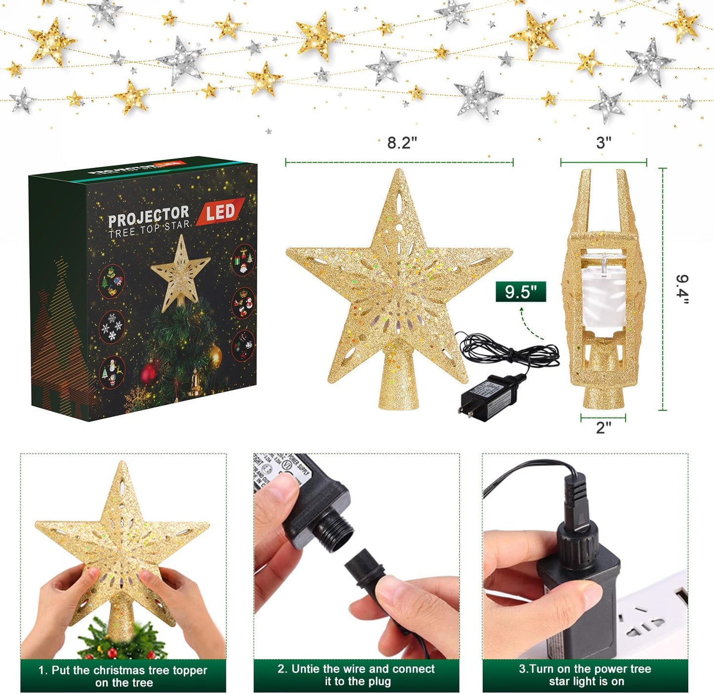 Kesfitt Christmas Tree Topper Star Lighted with 6 Projection Modes,Christmas Star Tree Topper with LED Rotating Lights,Gold Tree Topper 3D Glitter Dynamic Projection for Xmas Party Holiday Decorations