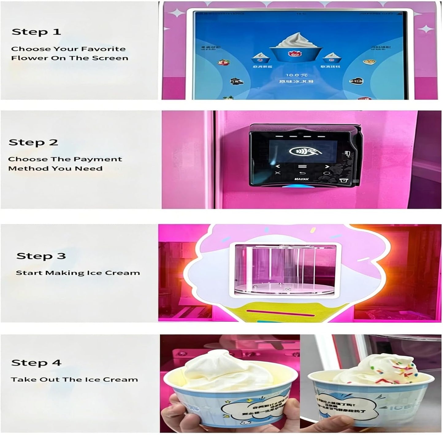 Ice cream vending machine, intelligent touch screen soft ice cream machine, supports coin, cash card and mobile payment, suitable for shopping malls, campuses, cinemas and other places.
