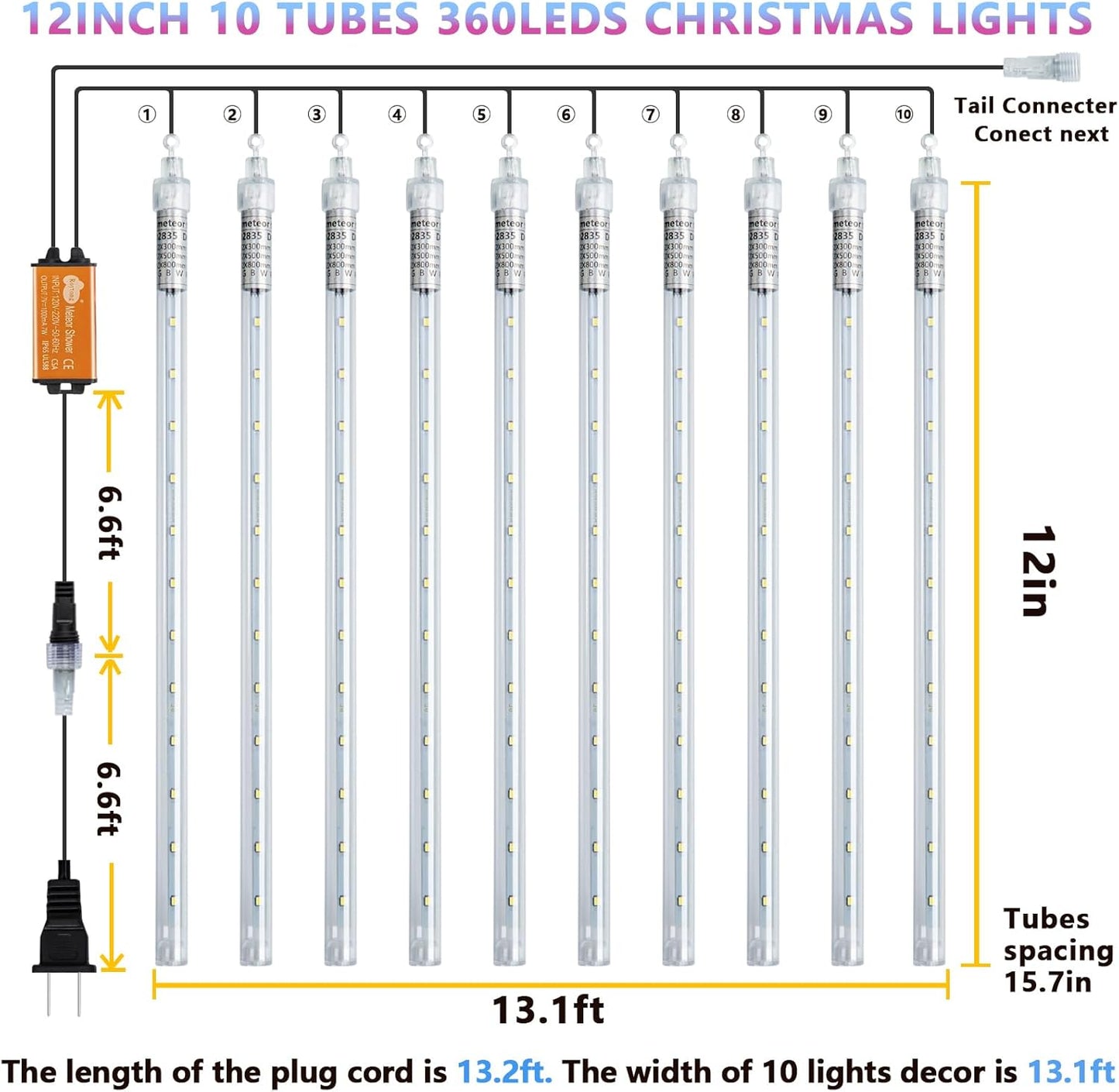 High Brightness 10 Tube 12 Inch 360 LED Meteor Shower Rain Lights Cascading Falling Rain Outdoor Light for Christmas Halloween Tree Raindrop Decoration