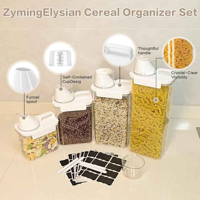 Air Tight Cereal Container Organizer Set of 6 - 1800ML & 2300ML Total 417oz, Dry Food Storage for Pet Food, Rice, Oatmeal with Pour Spout Lid and Plastic Small Measuring Cup for Flour and Sugar
