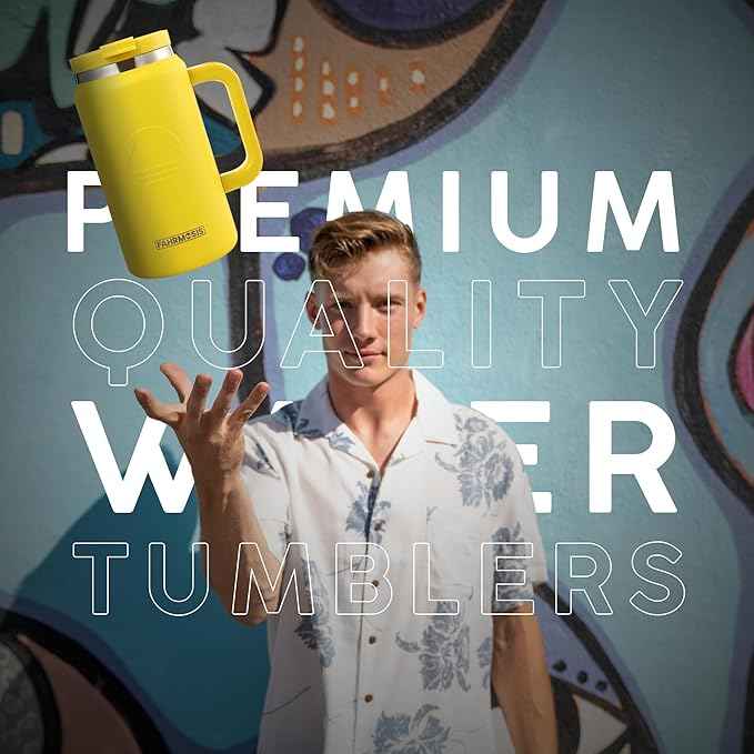 FAHRMOSIS 50 Oz Tumbler with Handle and Straw Large Insulated Tumbler Stainless Steel Travel Mug for Hot & Cold Drinks, Reusable Water Bottle with Lids and Straw - Yellow