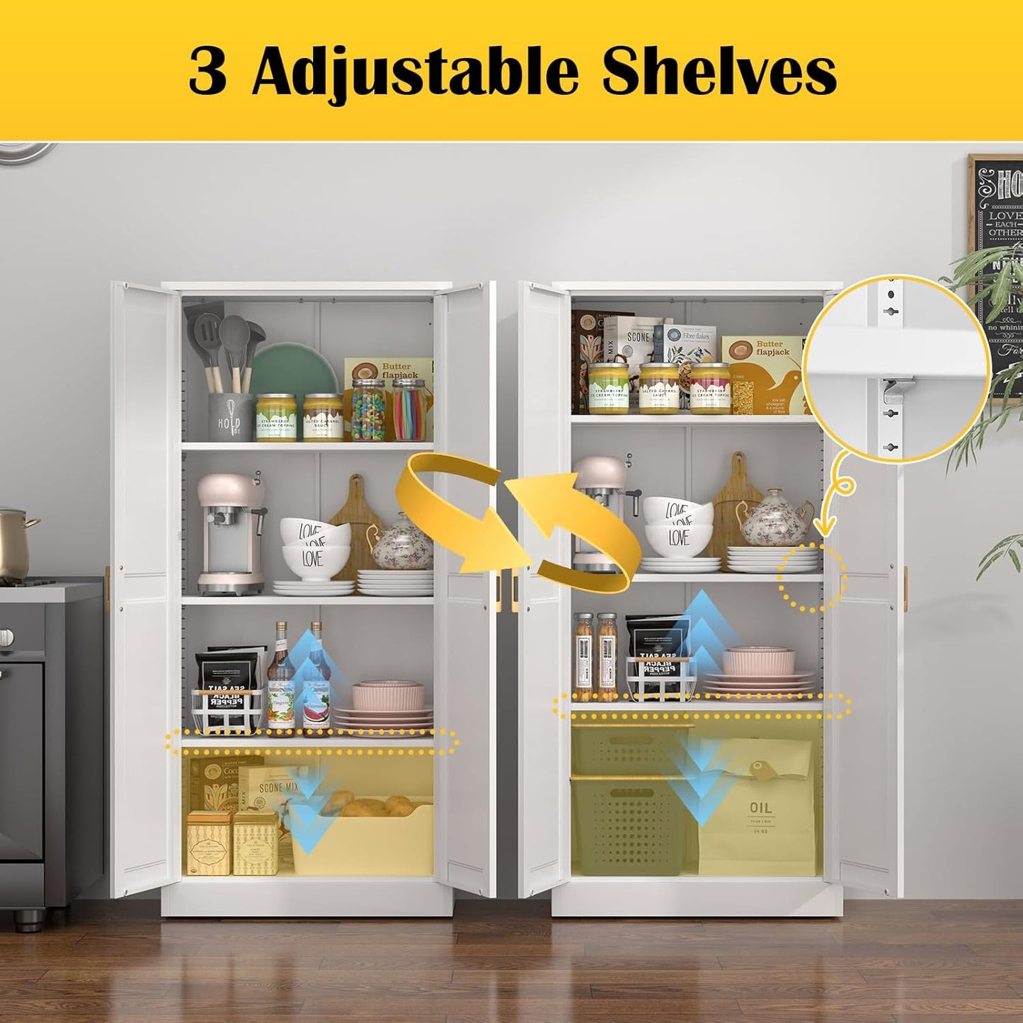Kitchen Cabinet Storage,60”Metal Pantry Cabinet with Doors and 3 Adjustable Shelves,Food Pantry Cabinets with 2 Gold Handles,White Tall Storage Cabinet for Livingroom,Pantry,Bathroom,Kitchen - Lumora Casa