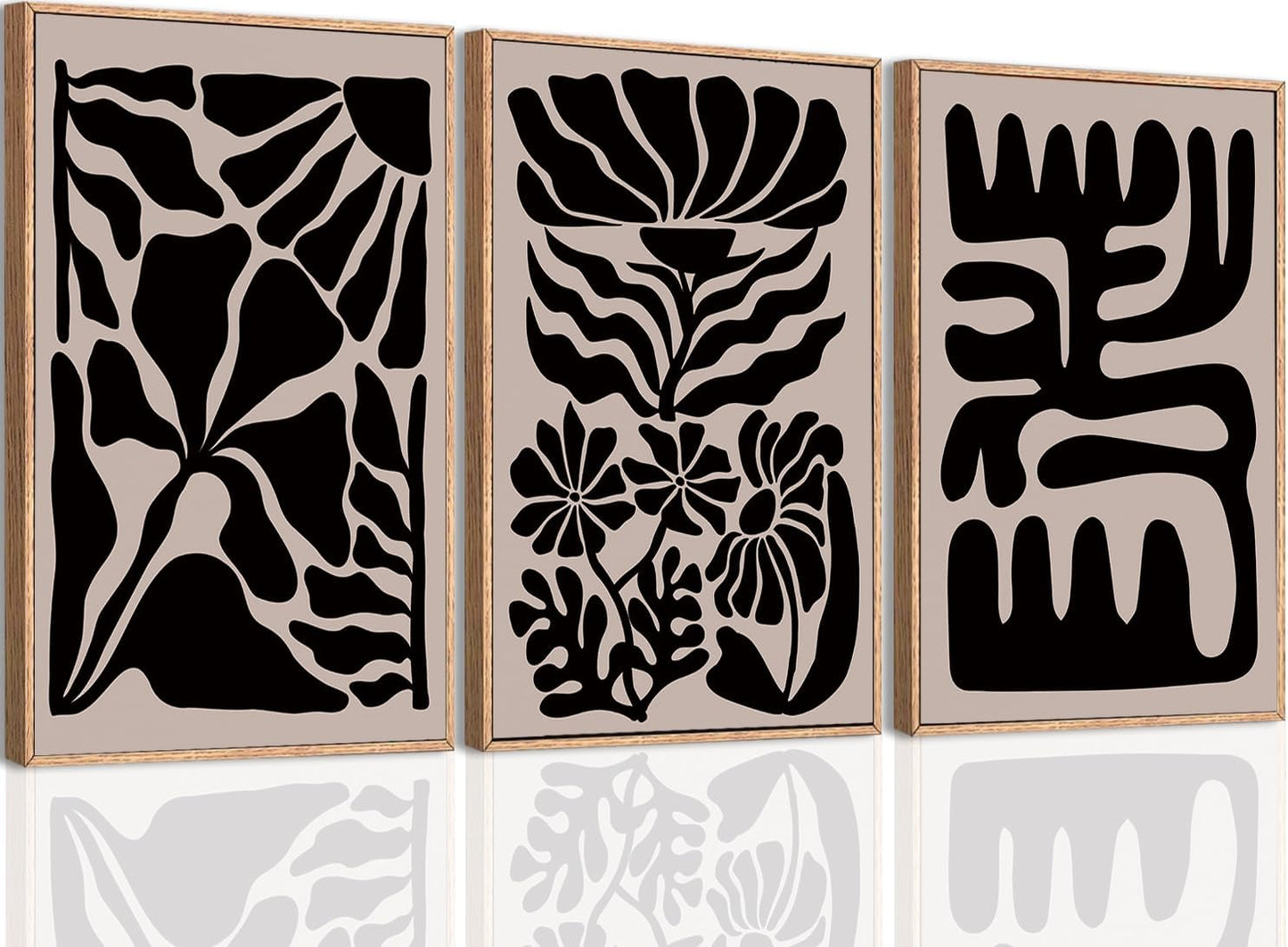 Large Black Boho Wall Art Framed Black Floral Design Artwork Abstract Wall Decor Vintage Wall Painting for Living Room Bedroom Bathroom 24x36 Inch Set of 3