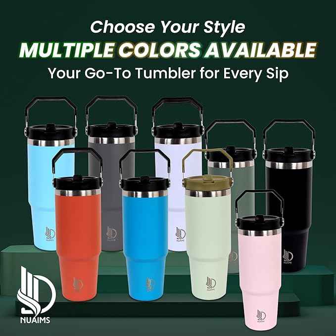 30oz Stainless Steel Insulated Water Tumbler with Handle | Secure Twist Lid & Flip Straw | Leak-Proof, BPA-Free IceFlow Inspired Design (Olive Green)