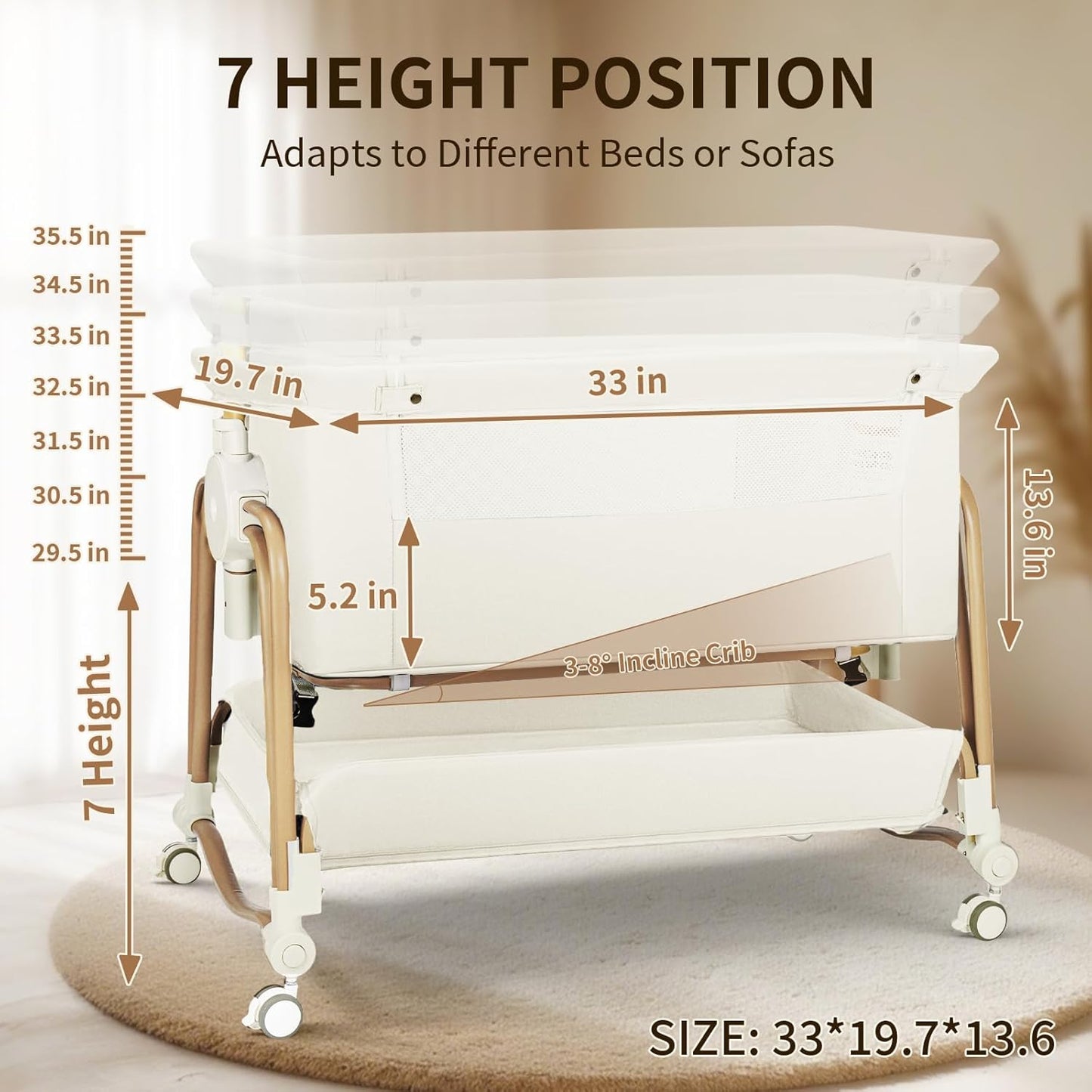 suihuooo 4-in-1 Baby Bassinet, Portable Bassinet Bedside Sleeper with Wheels and Storage Basket, 7 Height Adjustable Breathable Mesh Rocking Bassinet with Mosquito Net for Newborn-White