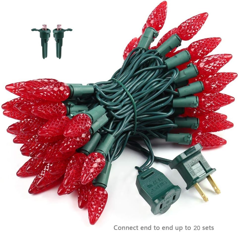 Brizled Upgraded Faceted C5 LED Red Christmas Lights, 100 LED 33ft Christmas tree Lights, 120V UL Certified Christmas Lights Set Connectable for Xmas Patio Party Roof Holiday Indoor Outdoor Decoration