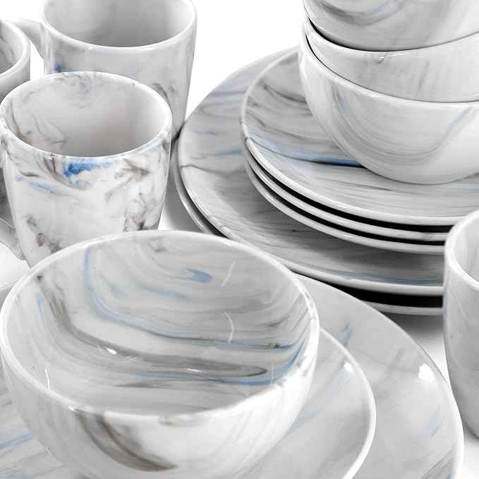 Elama Fine Marble 16 Piece Porcelain Dinnerware Set, Tableware Set, Everyday Dining, Service for 4 (Blue/Gray)