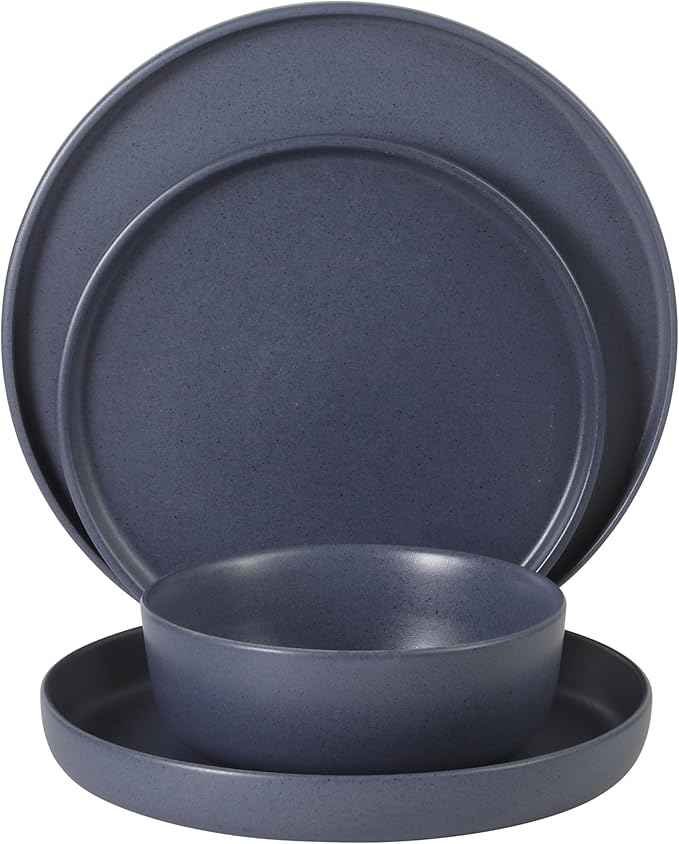 Gibson Elite Bayou Moon Plates and Bowls Sets, 16-Piece Blue Matte Stoneware Dinnerware Sets, Solid Color Reactive Glaze Dish Set