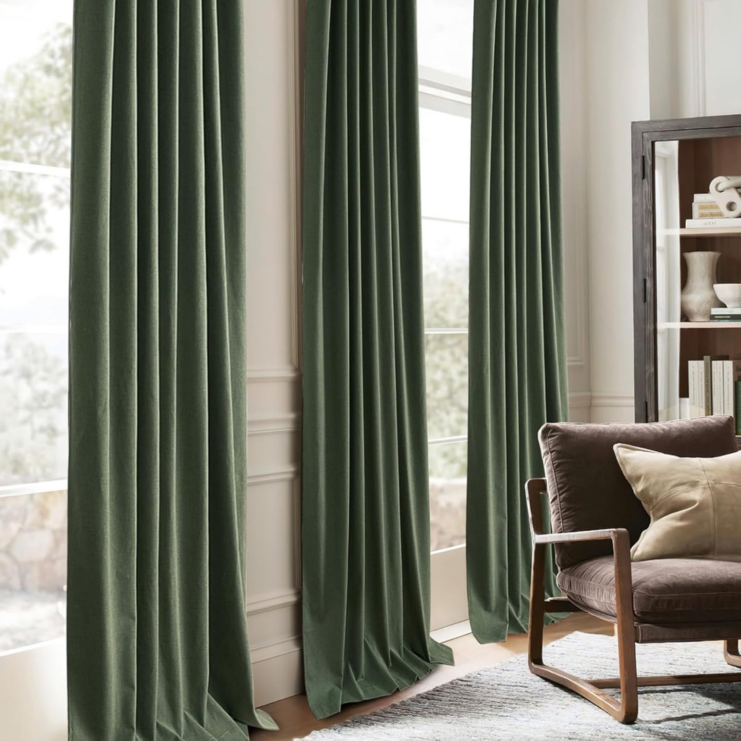 Lush Decor 132 Inch Long Insulated Back Tab Pinch Pleated Curtains, Linen Olive Green Blackout Large Window Drapes, Room Darkening Extra Long Tall Curtain for Living Room (40" Wx132 x2 Panels Loden)