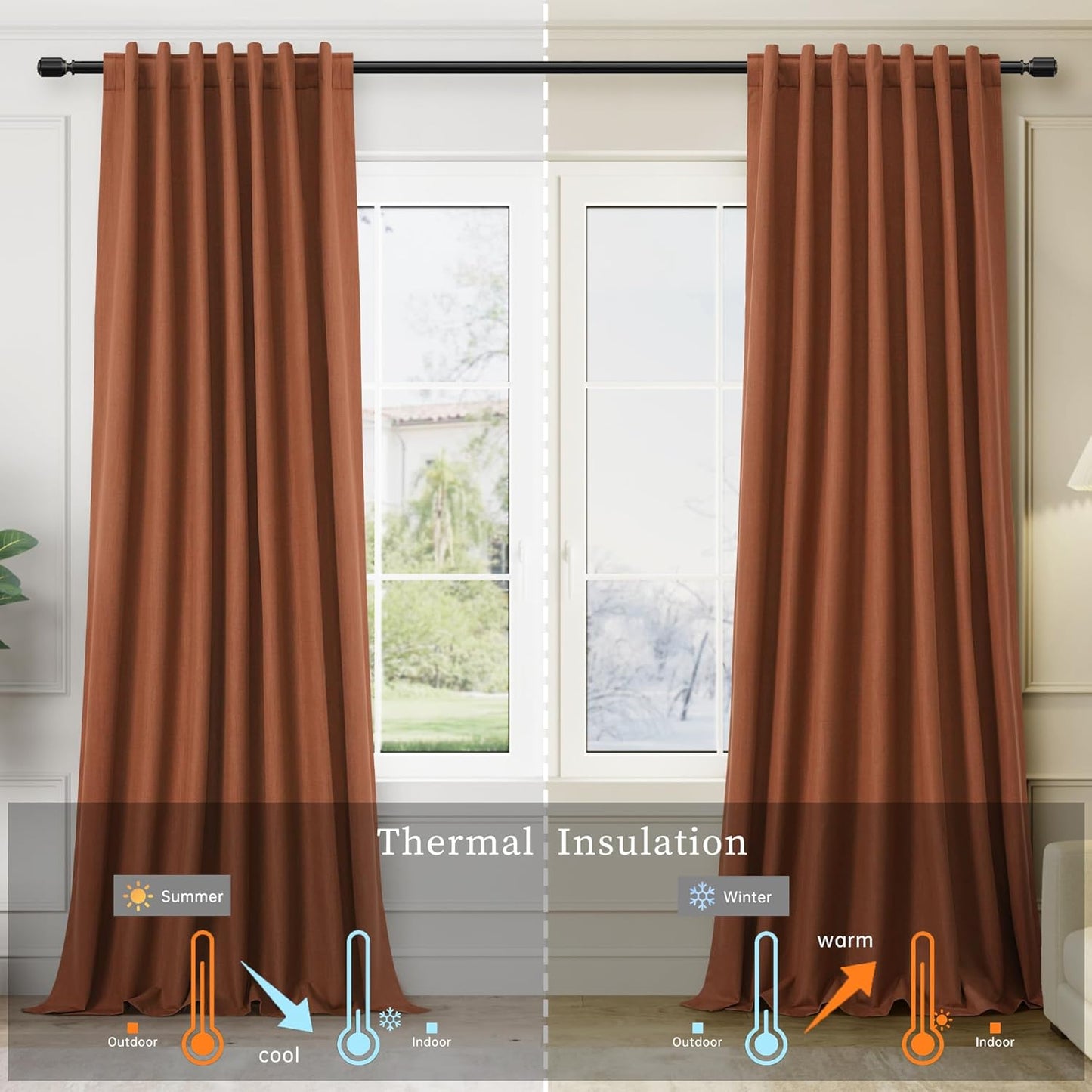 BOODII Burnt Orange Linen Blackout Curtains 84 Inch Long 2 Panels Set for Bedroom Light Blocking Curtains Terracotta with 100% Blackout Backing Thermal Insulated Room Darkening Curtain Drapes Rust