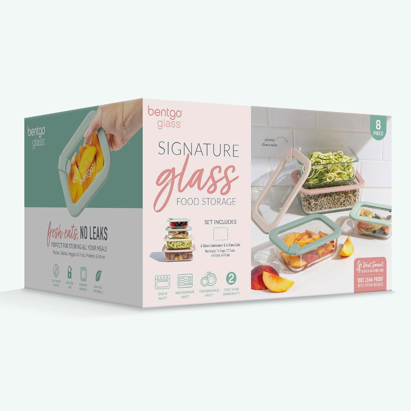 Bentgo Signature Leak-Proof Glass Food Storage - 8-Piece Set, 1-Compartment Plastic-Free Containers with Airtight Glass Lids, BPA-Free, Microwave, Freezer, Oven & Dishwasher Safe (Desert Sage)