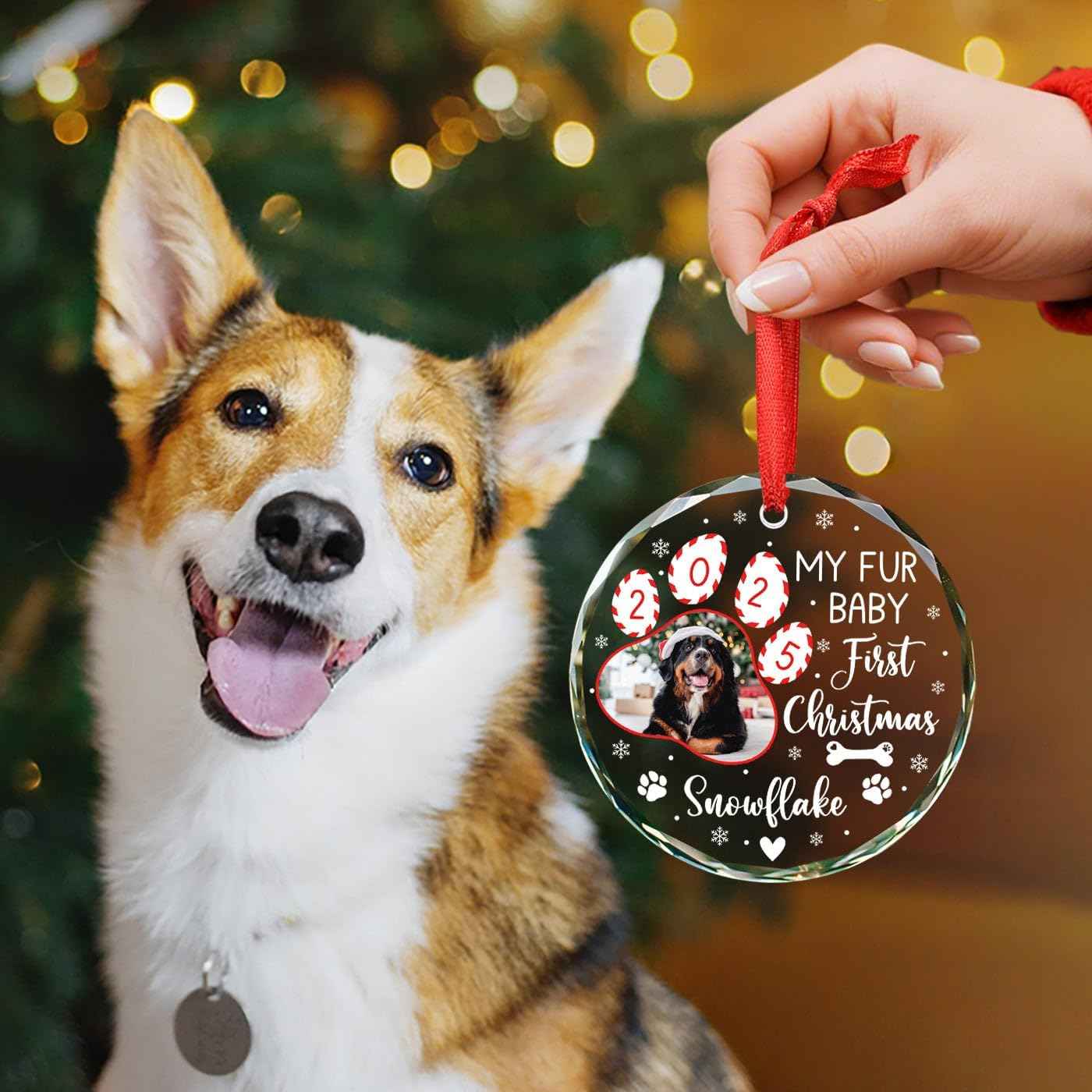 2026 My Fur Baby's First Christmas Photo Ornament, Personalized Add Picture Puppy's 1St Xmas Glass Ornament Gifts for Dog Mom Dad Family, Custom Name/Photo Dog Cat Pawprint 1St Christmas Ornaments