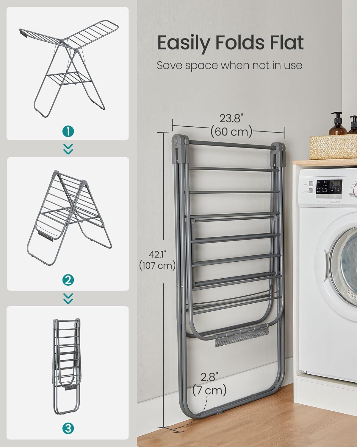 SONGMICS Clothes Drying Rack, with Sock Clips, Metal Laundry Rack, Foldable, Space-Saving, Free-Standing Airer, with 2 Height-Adjustable Gullwings, Indoor Outdoor Use, Gray ULLR052G01